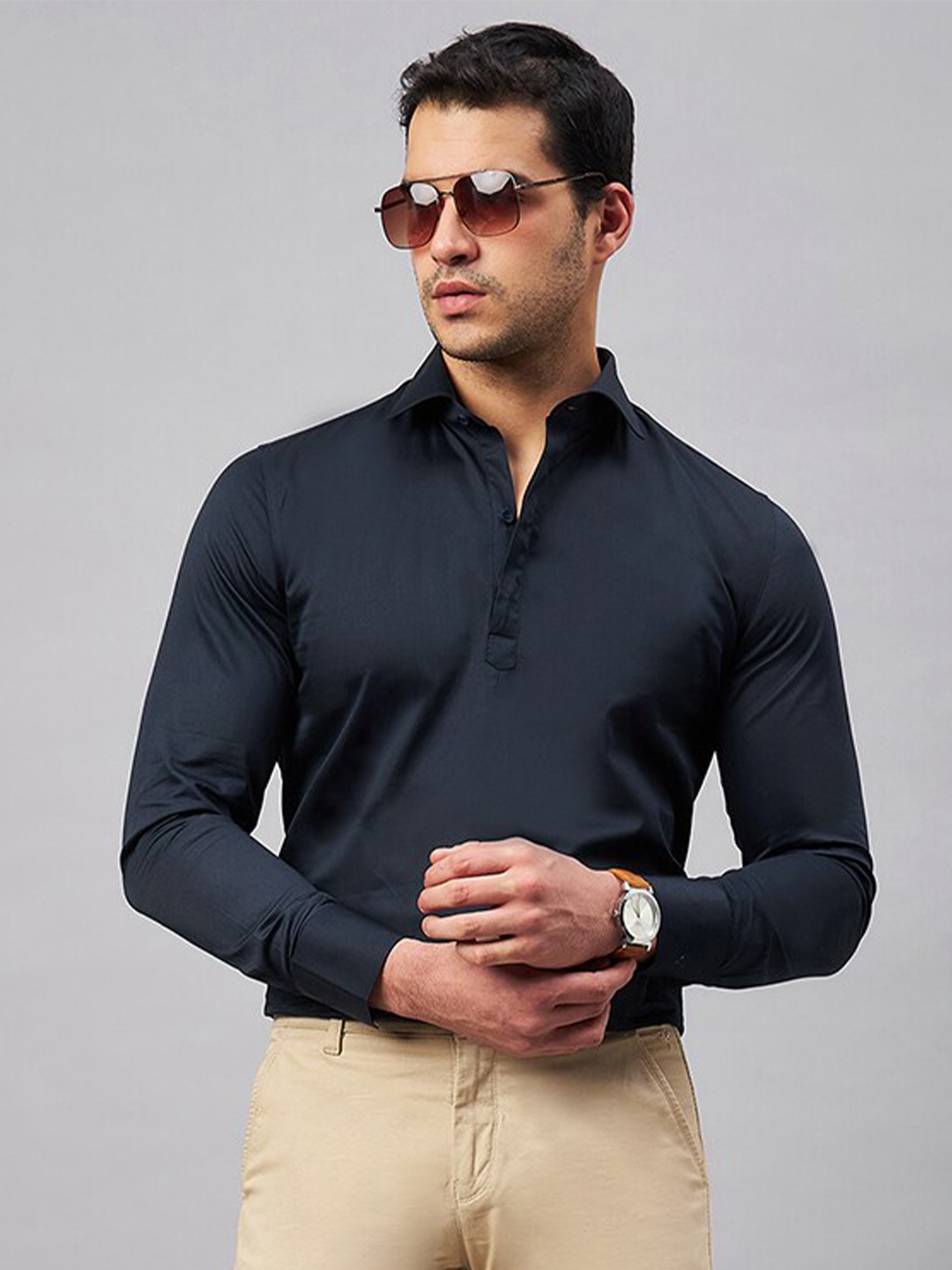 

LOUIS STITCH Spread Collar Pure Cotton Semiformal Shirt, Navy blue