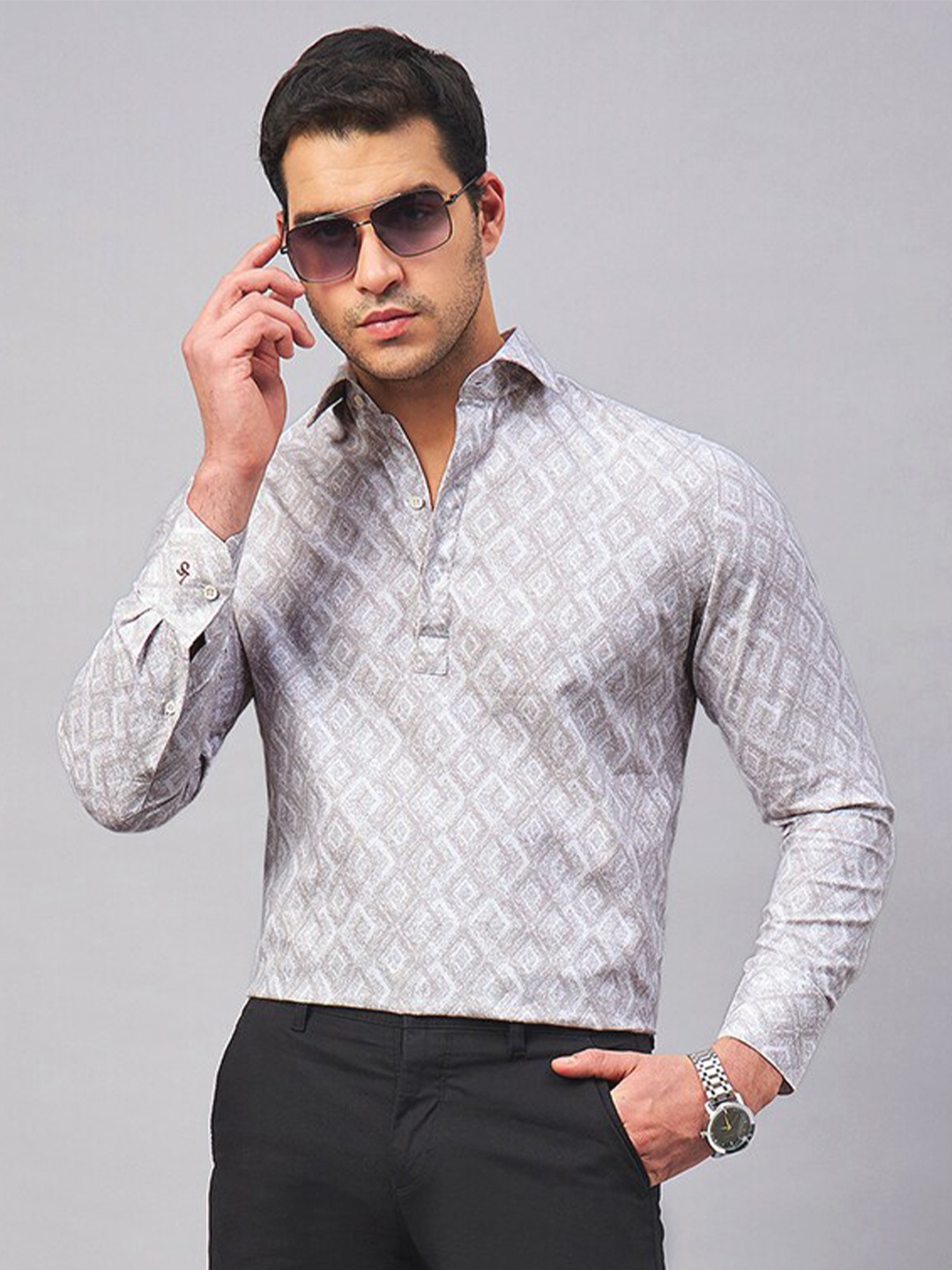 

LOUIS STITCH Geometric Printed Pure Cotton Semiformal Shirt, Brown