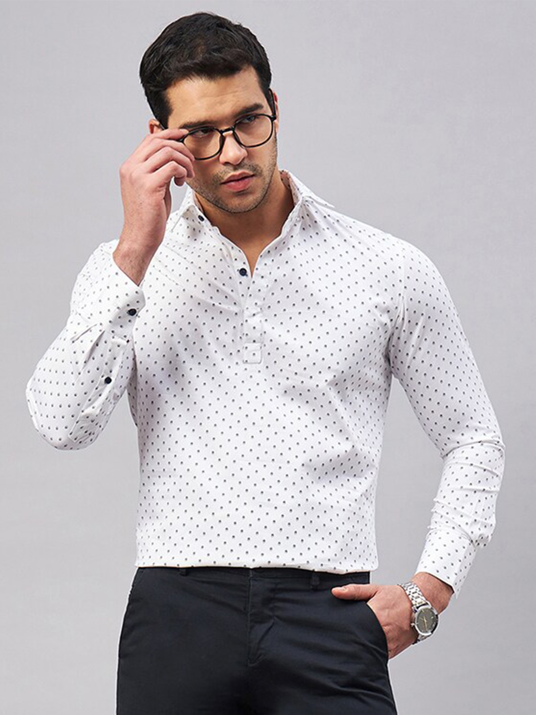 

LOUIS STITCH Geometric Printed Pure Cotton Semiformal Shirt, White