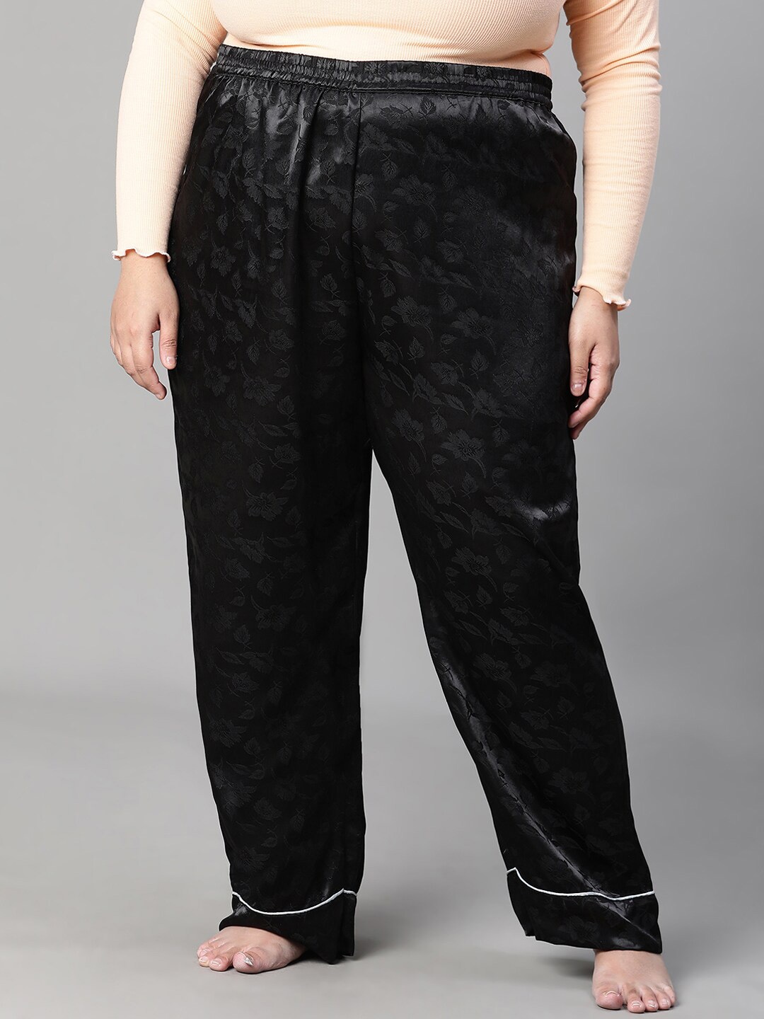 

Oxolloxo Plus Size Printed Relaxed Fit Straight -Leg Lounge Pant, Black