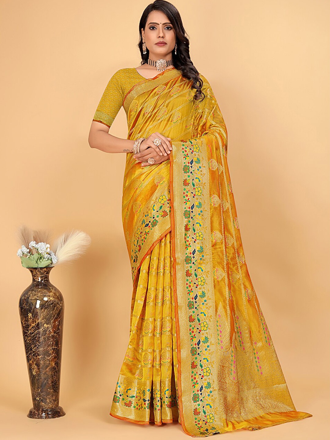 

Pionex Floral Woven Design Zari Organza Bhagalpuri Saree, Gold