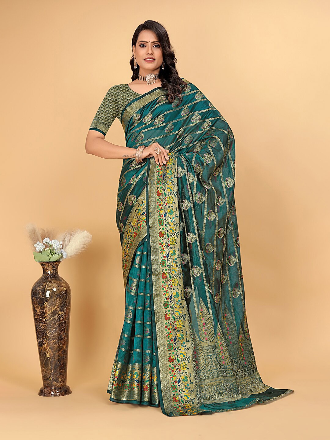 

Pionex Woven Design Zari Organza Bhagalpuri Saree, Teal