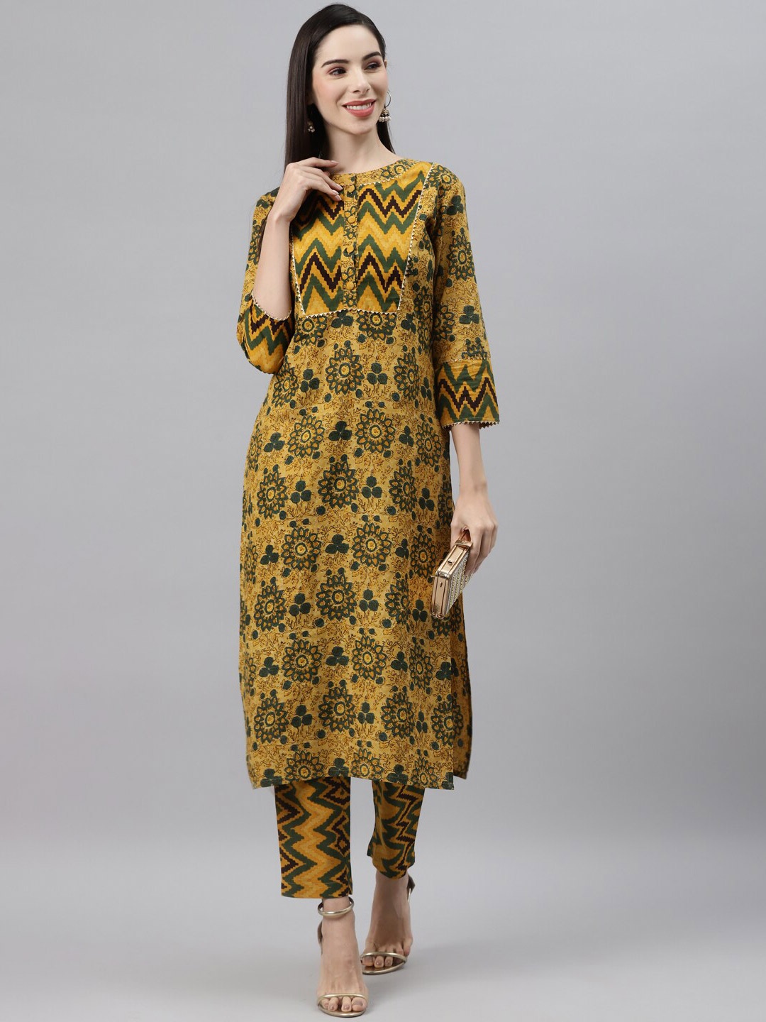 

Indibelle Ethnic Motifs Printed Gotta Patti Detailed Cotton Straight Kurta, Mustard