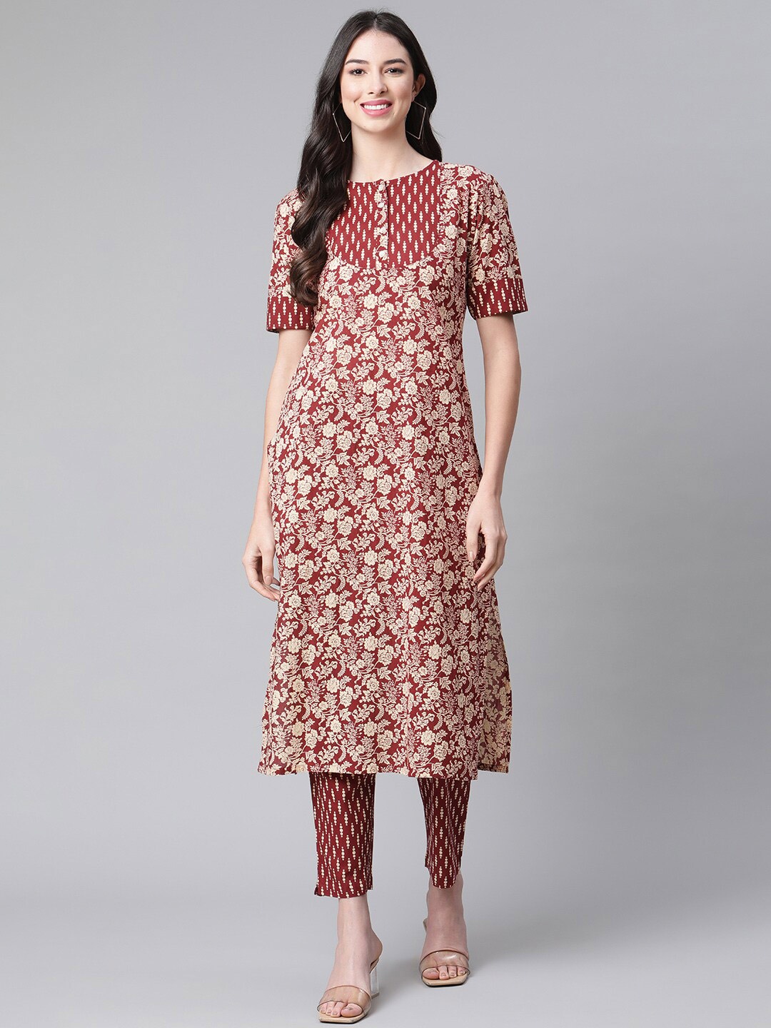 

Indibelle Floral Printed Cotton Straight Kurta, Maroon