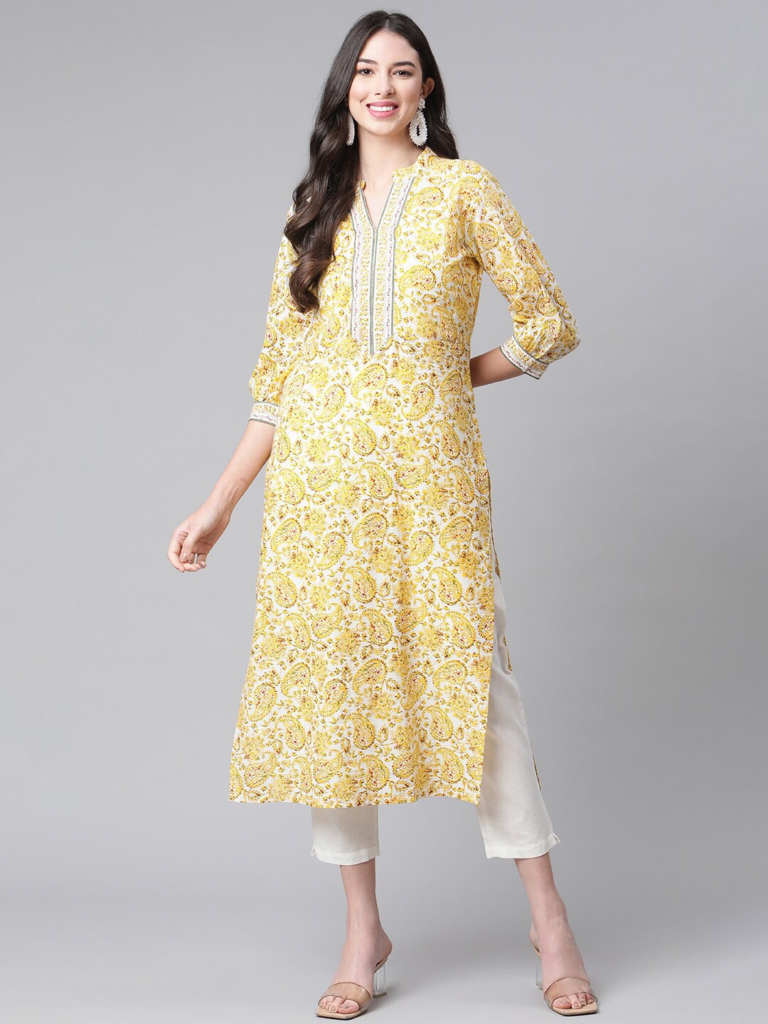 

Indibelle Paisley Printed Mandarin Collar Cotton Straight Kurta, Yellow