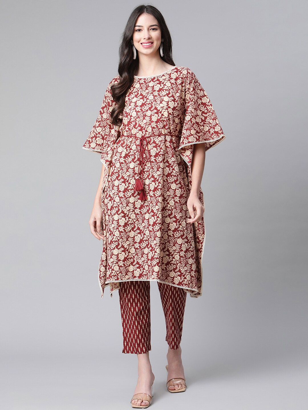 

Indibelle Floral Printed Flared Sleeves Cotton Kaftan Kurta, Maroon