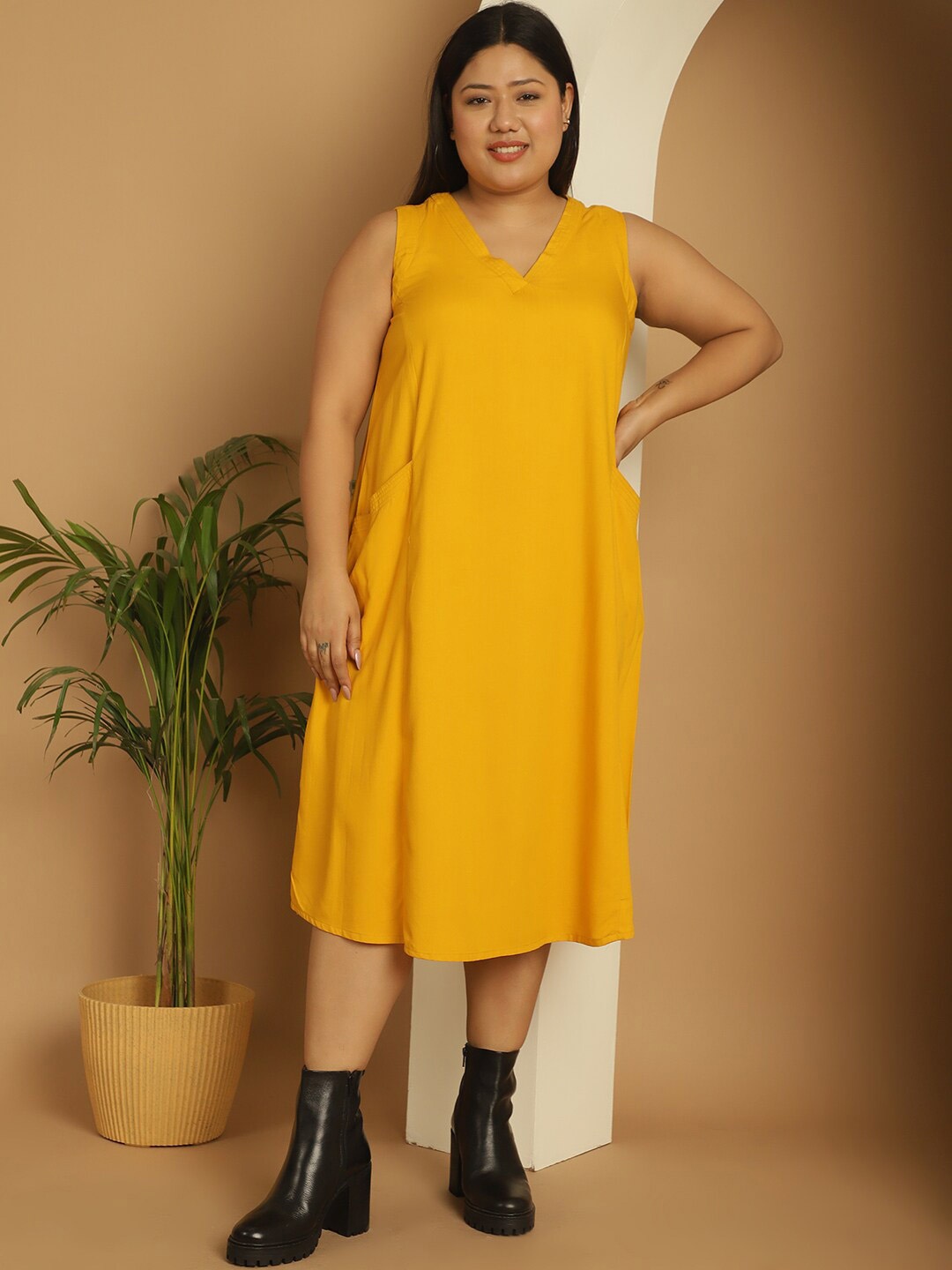 

theRebelinme V Neck Sleeveless A Line Midi Dress, Mustard
