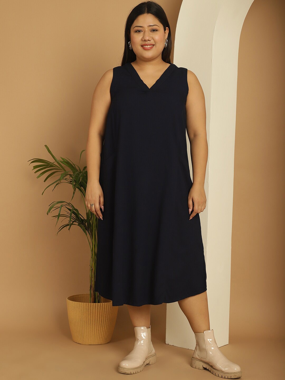 

theRebelinme V Neck Sleeveless A Line Midi Dress, Navy blue