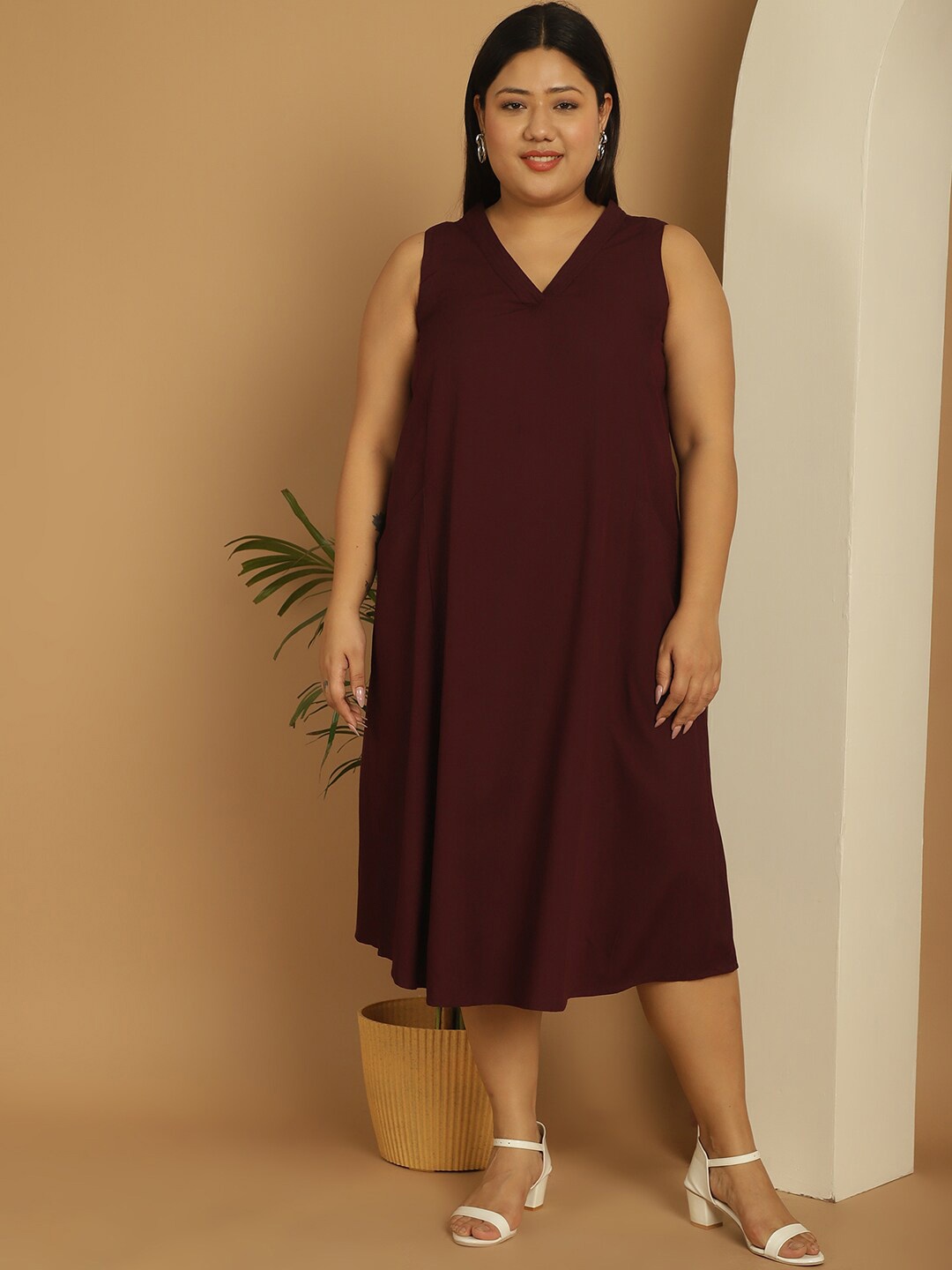 

theRebelinme Plus Size V-Neck Sleeveless A-Line Midi Dress, Burgundy