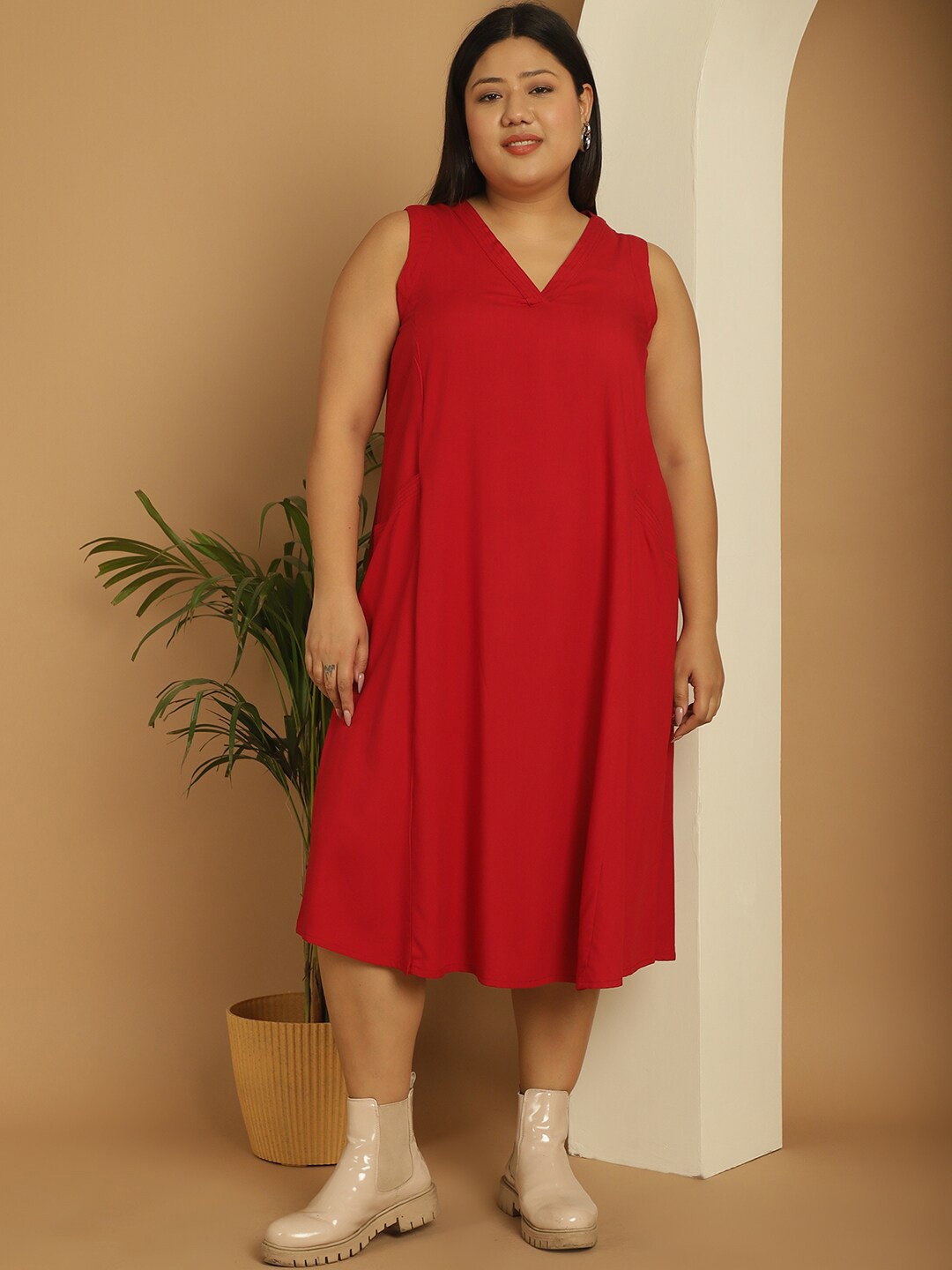 

theRebelinme Plus Size V-Neck Sleeveless A-Line Midi Dress, Maroon
