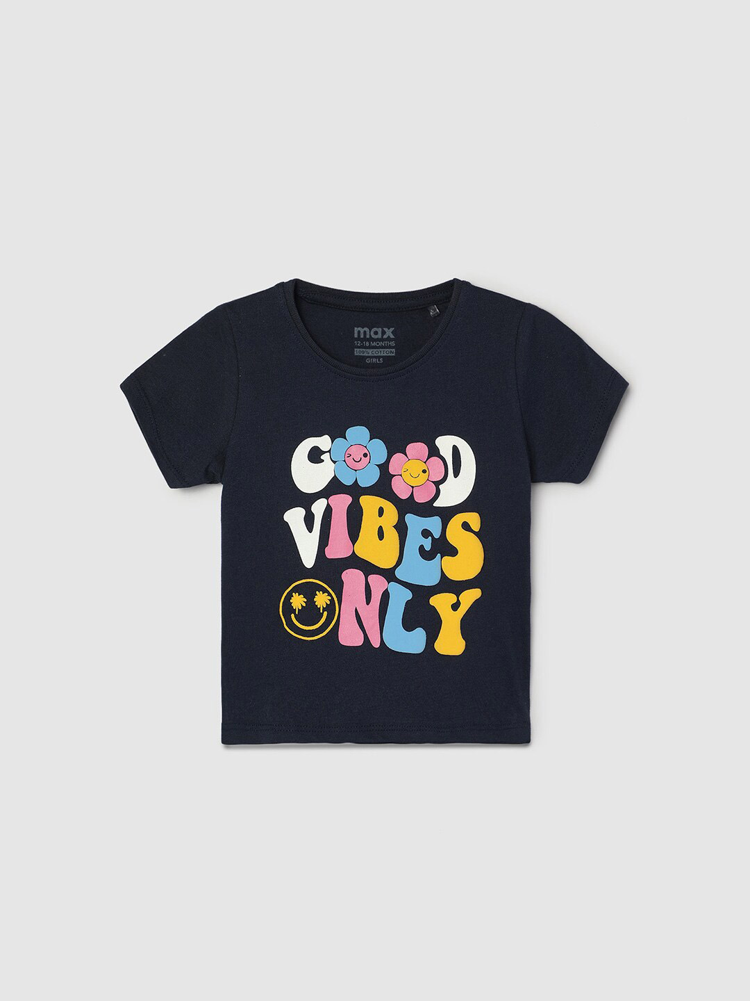 

max Girls Round Neck Short Sleeves Typographic Printed Cotton T-shirt, Navy blue