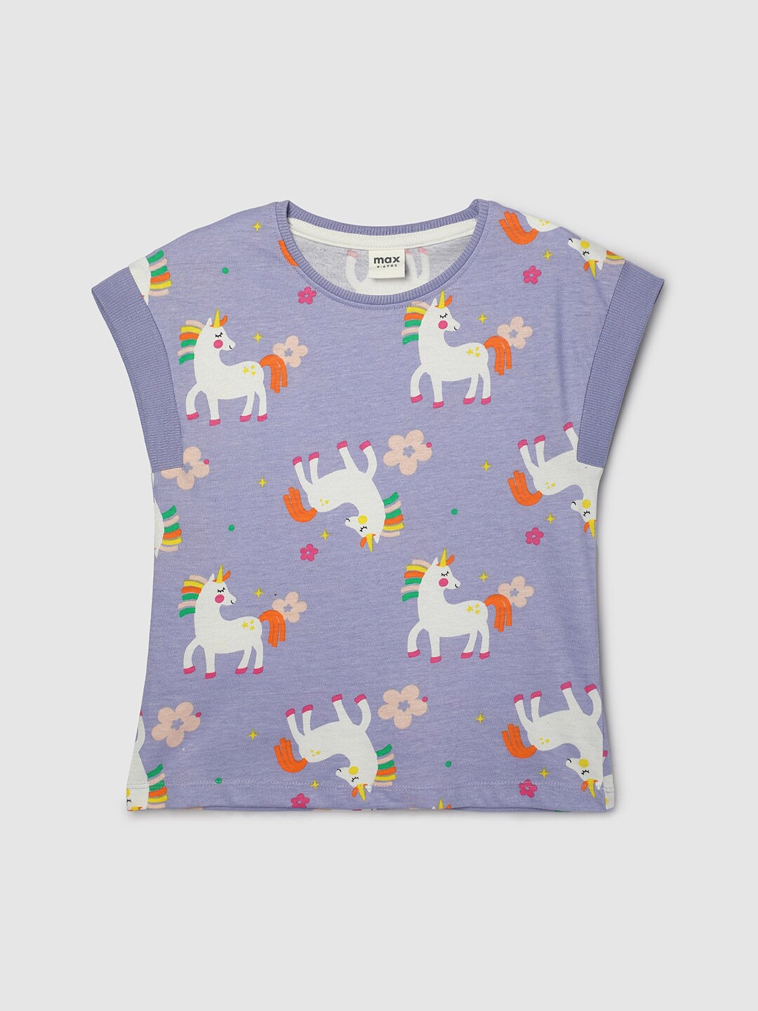 

max Girls Round Neck Cap Sleeves Graphic Printed Cotton T-shirt, Purple