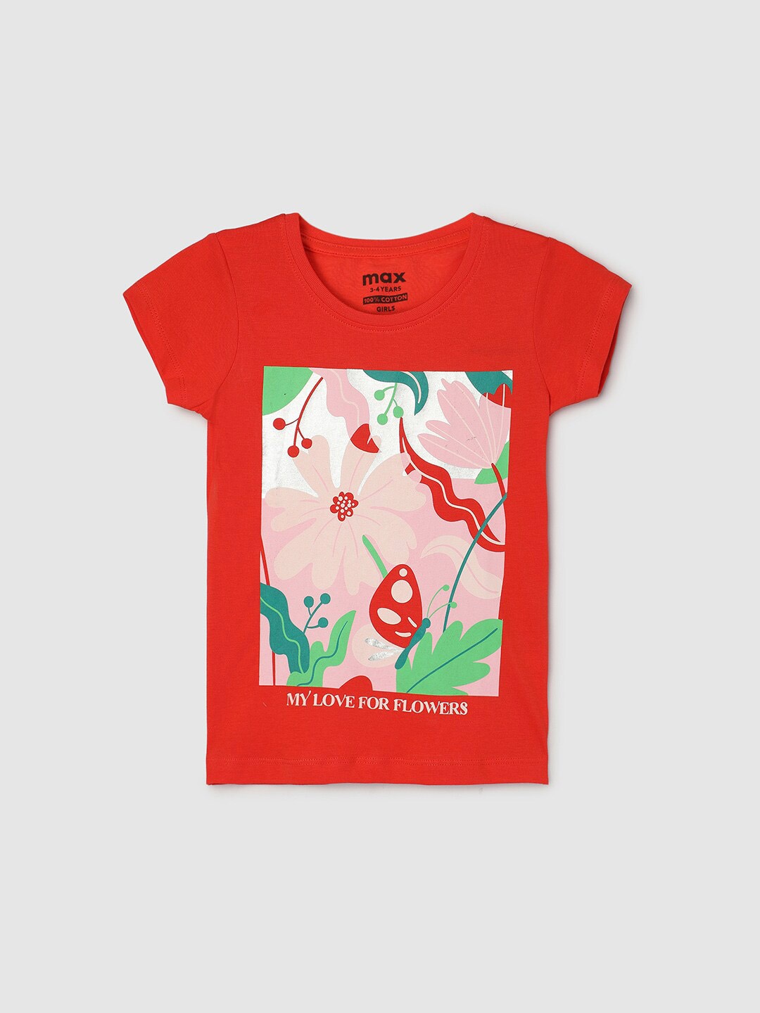 

max Girls Round Neck Short Sleeves Floral Printed Cotton T-shirt, Red