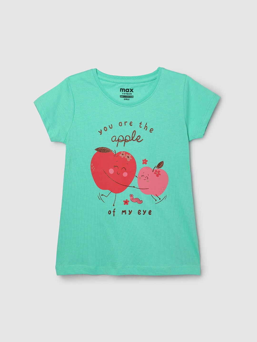 max Girls Typography Printed Cotton T-shirt, Green