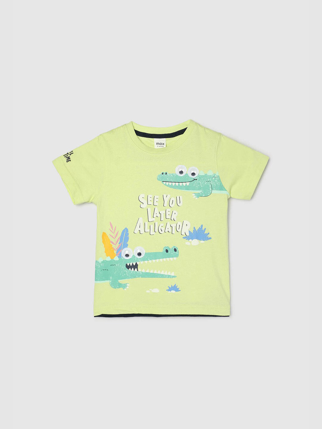 

max Boys Round Neck Short Sleeves Typography Printed Applique T-shirt, Yellow