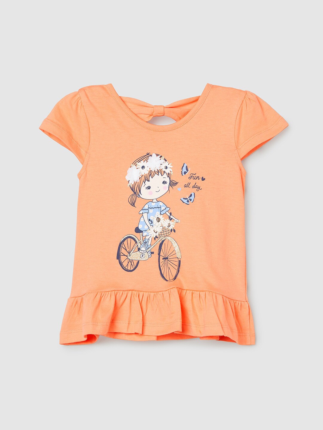 

max Girls Round Neck Typography Printed Applique T-shirt, Orange