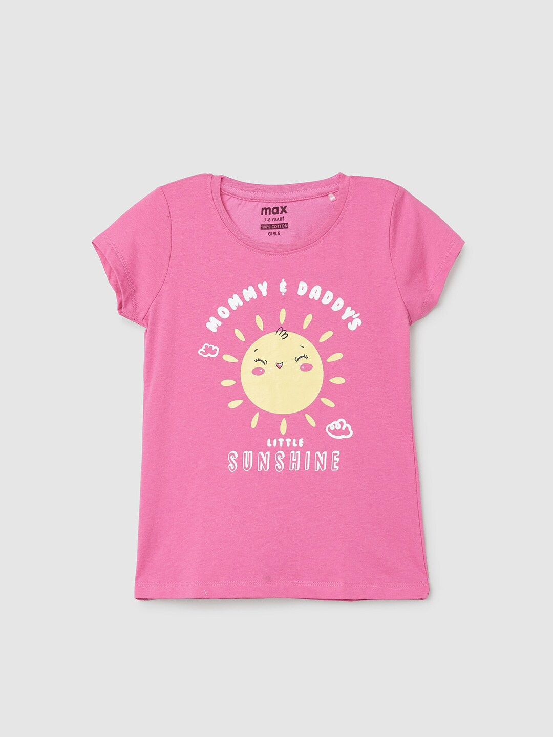 

max Girls Round Neck Cap Sleeves Typography Printed Tropical Applique T-shirt, Fuchsia