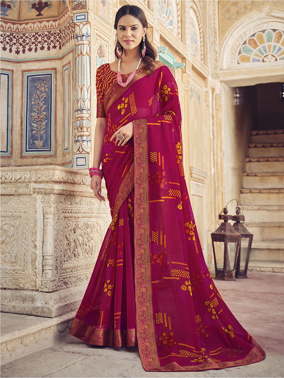 

Mitera Floral Printed & Lace Saree, Pink