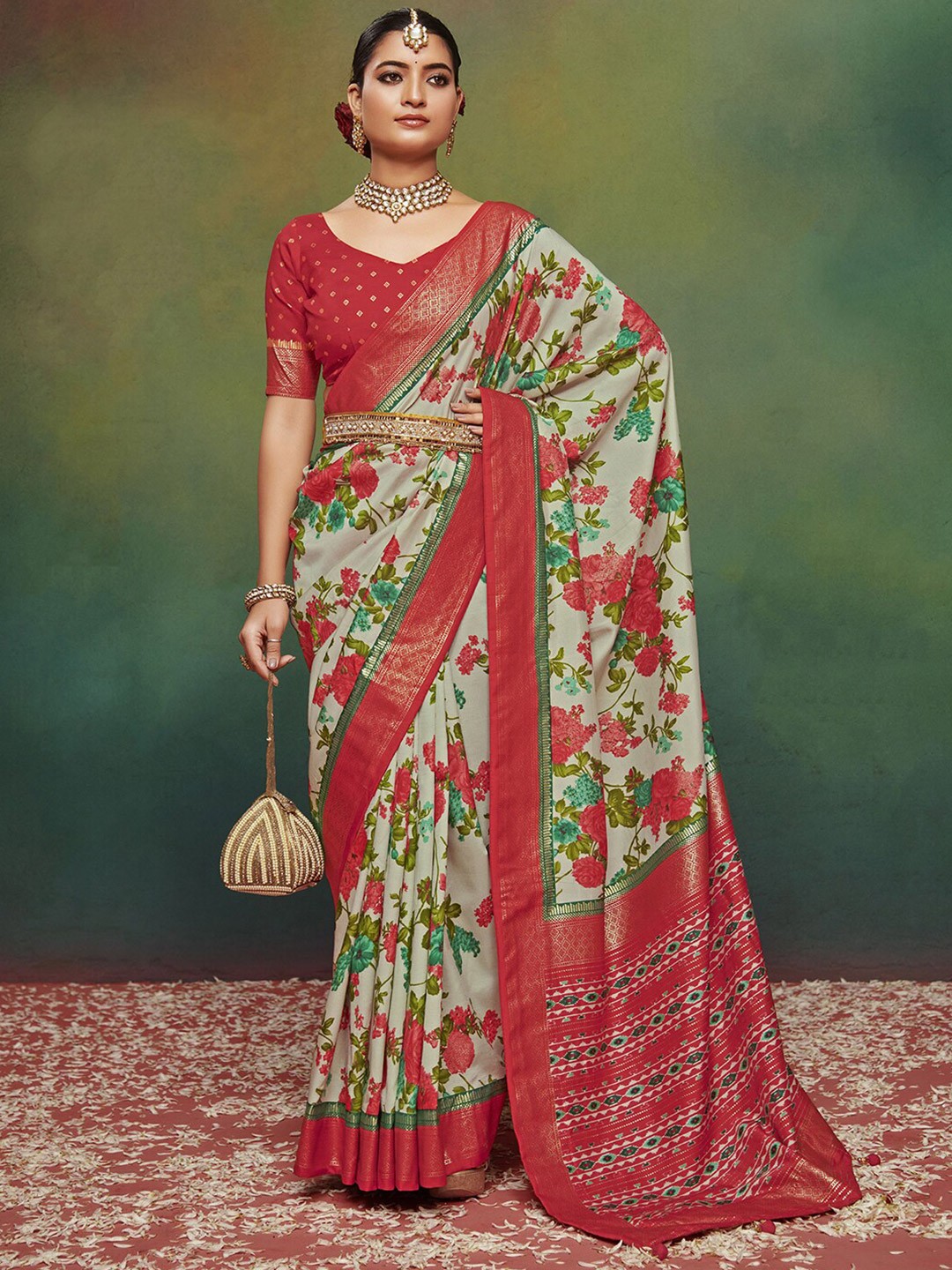 

Mitera Floral Zari Silk Saree, Red