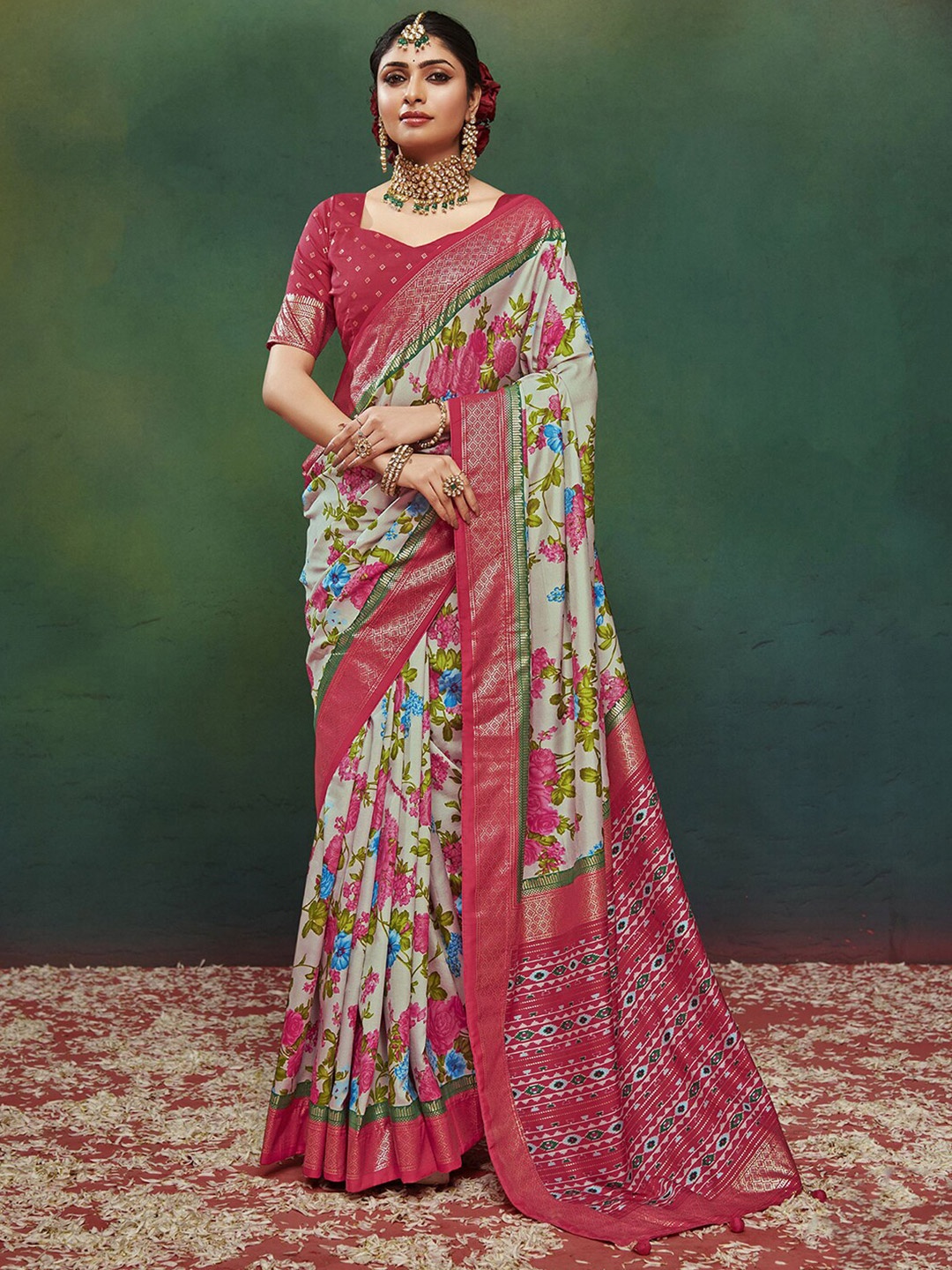 

Mitera Floral Zari Silk Saree, Pink