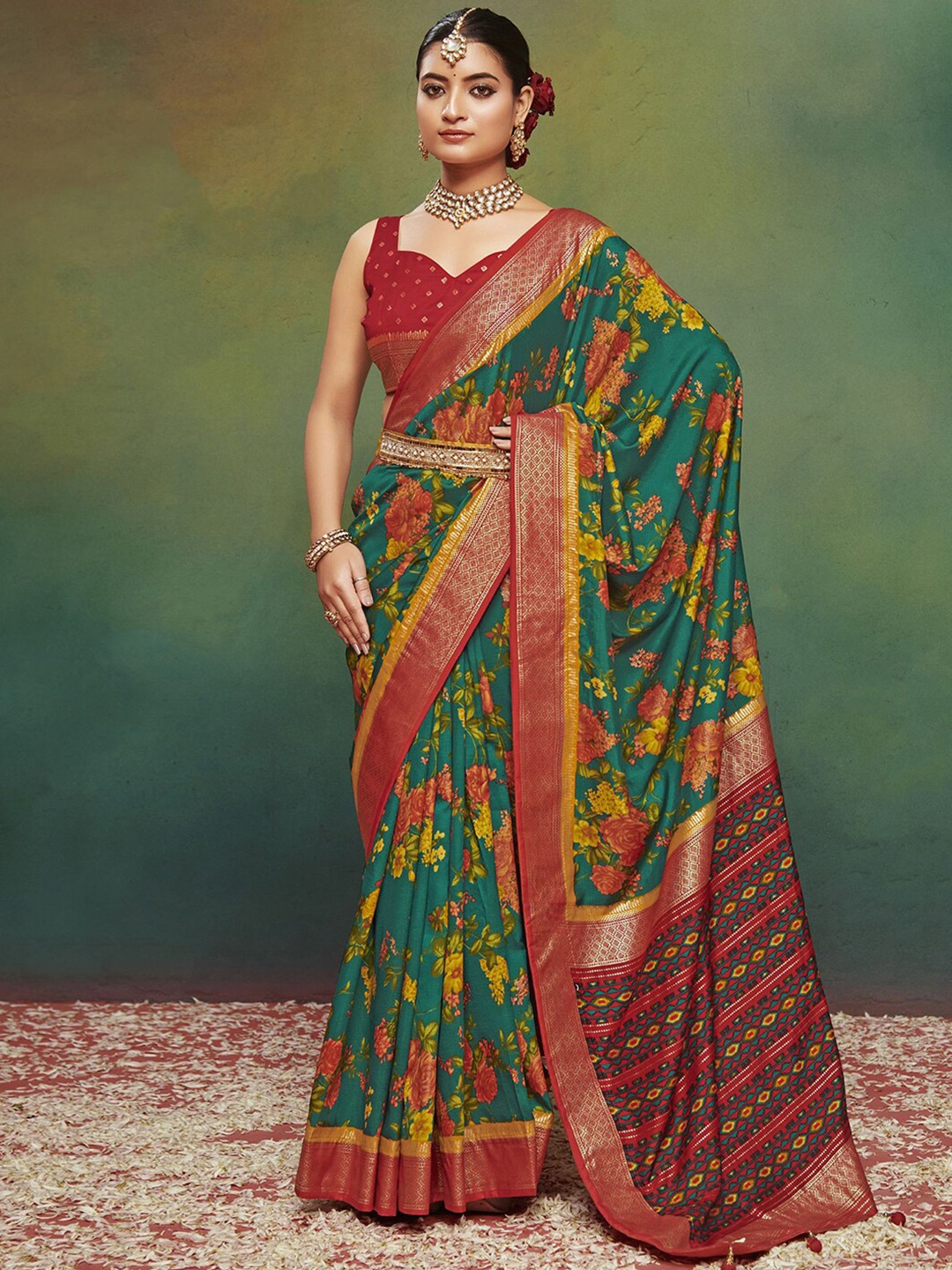 

Mitera Floral Print Zari Silk Blend Belted Saree, Green