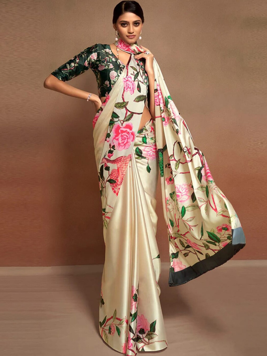 

Mitera Floral Satin Saree, Cream