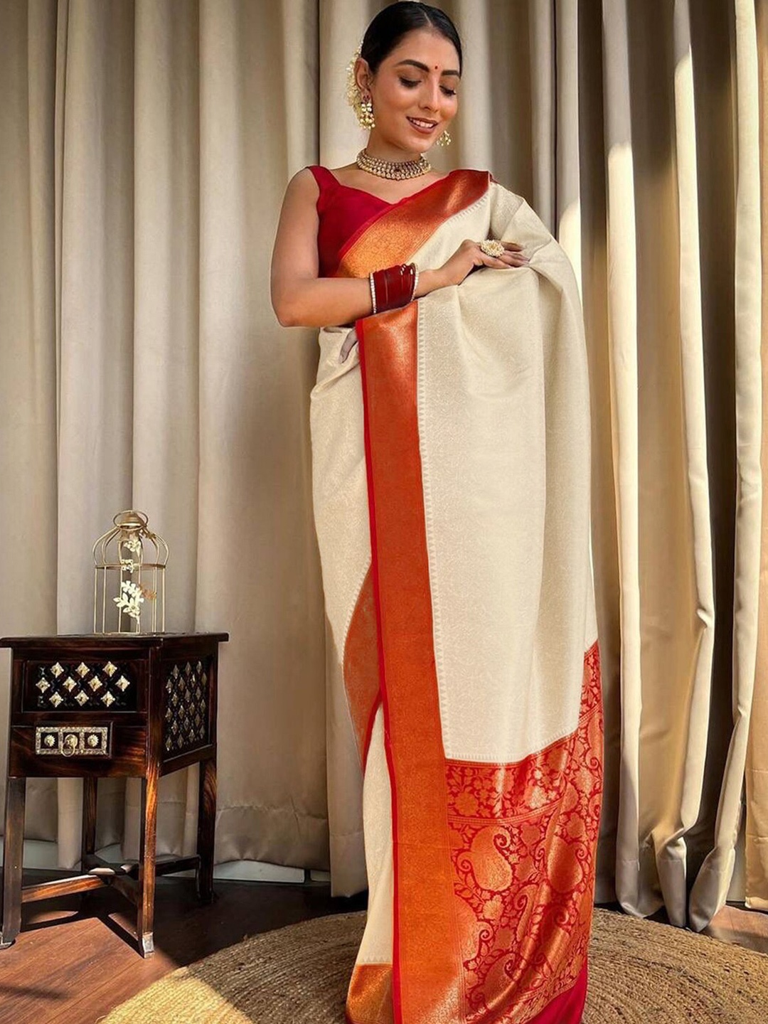 

Mitera Woven Design Zari Art Silk Saree, Cream