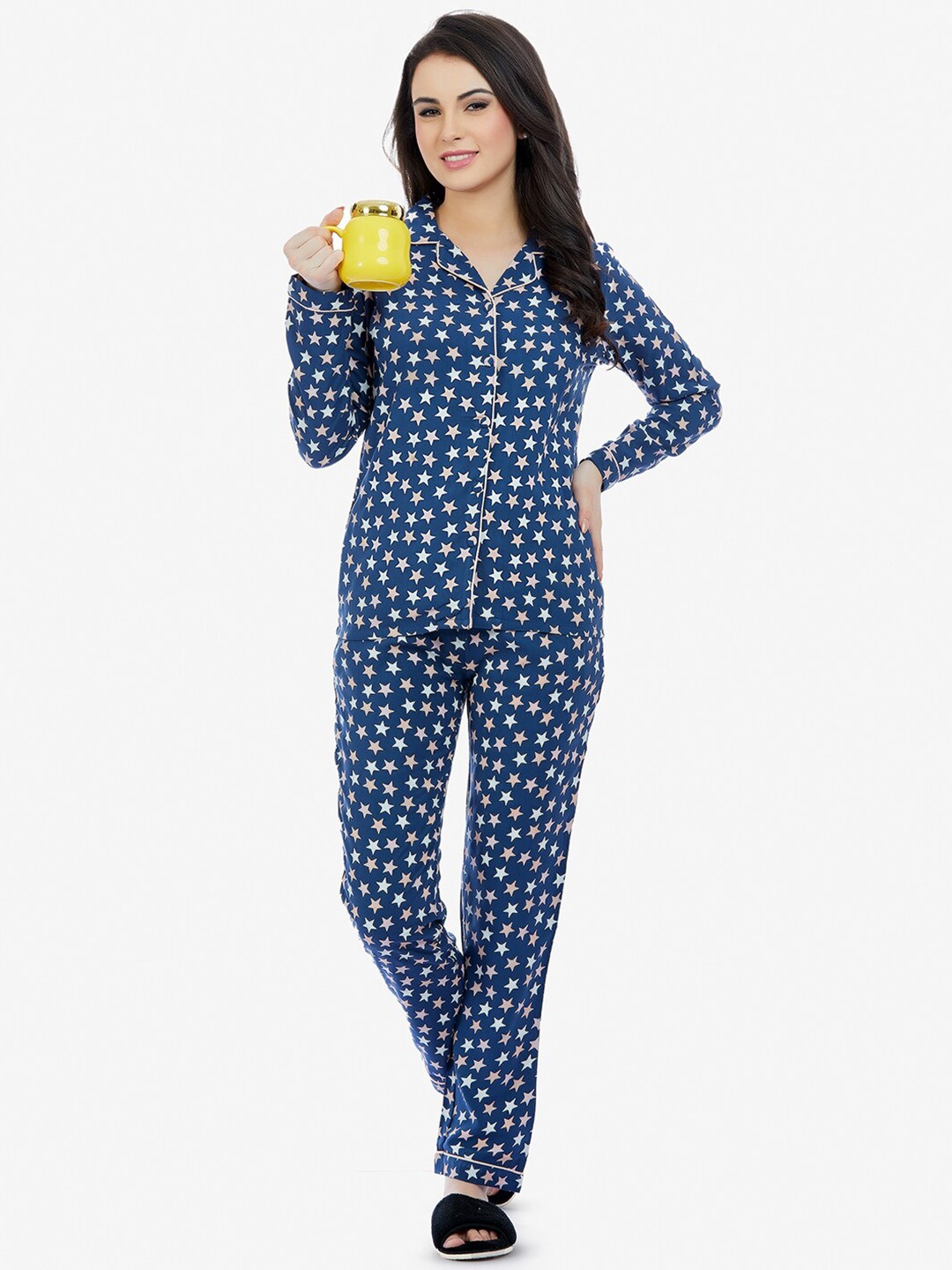 

MAYSIXTY Conversational Printed Lapel Collar Shirt With Pyjamas, Navy blue