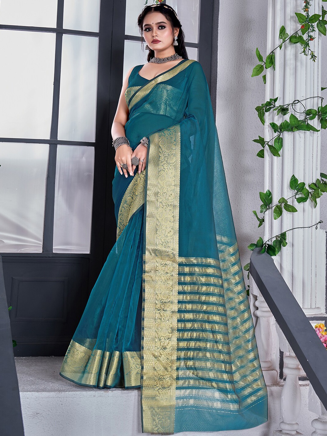 

KALINI Zari Detail Organza Saree, Teal