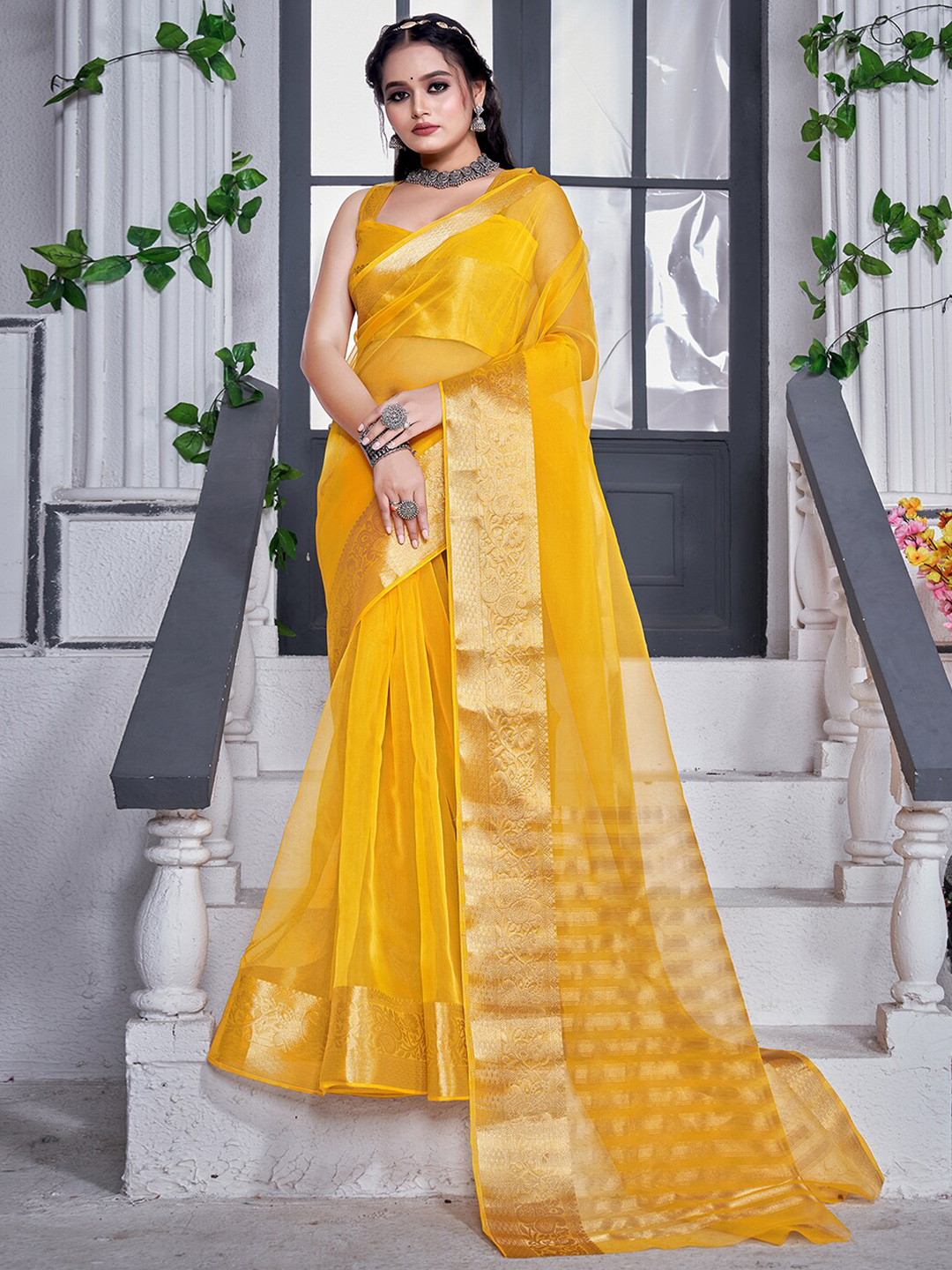 

KALINI Zari Detail Organza Saree, Yellow