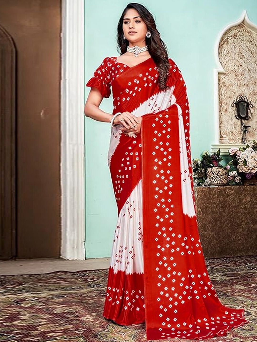 

KALINI Bandhani Printed Saree, Red