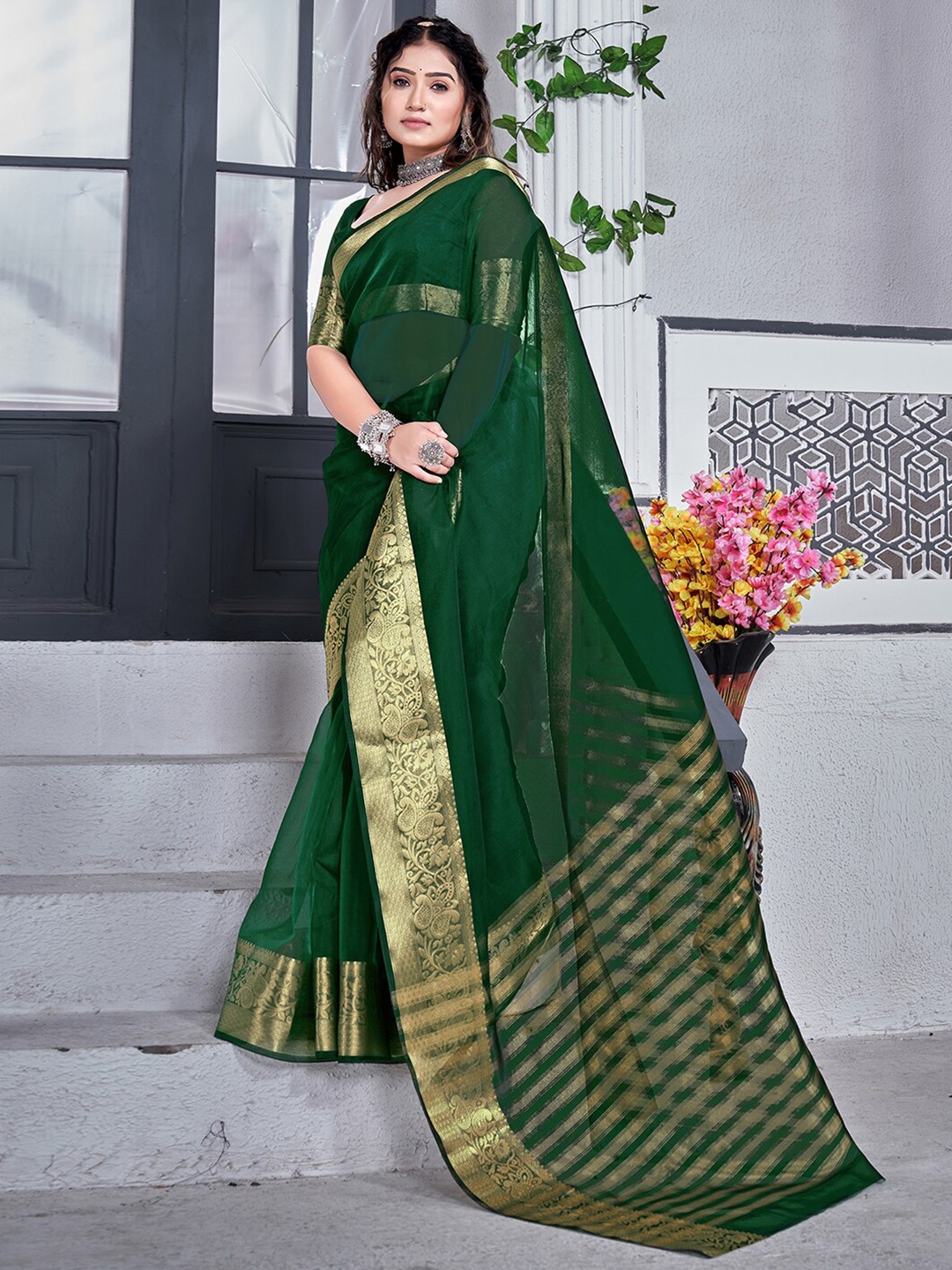 

KALINI Zari Detail Organza Saree, Green