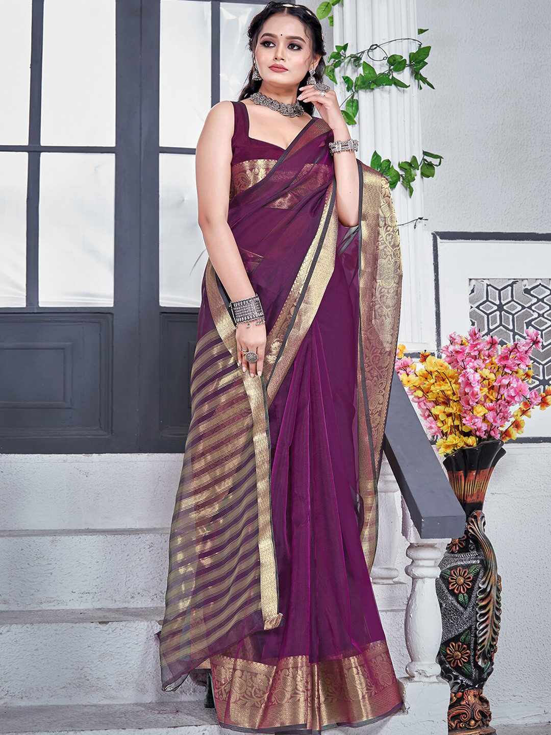 

KALINI Zari Detail Organza Saree, Purple