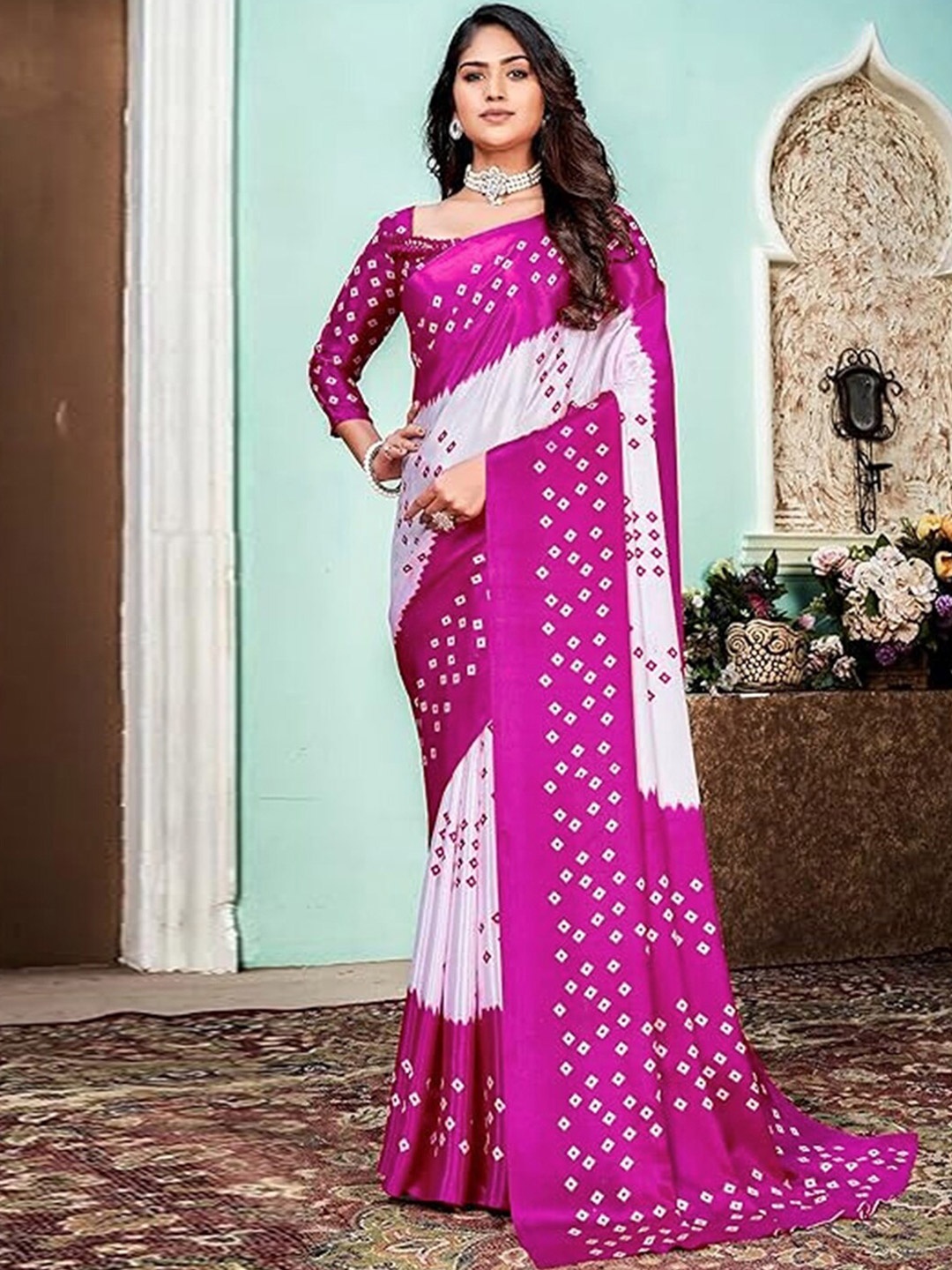 

KALINI Bandhani Printed Saree, White