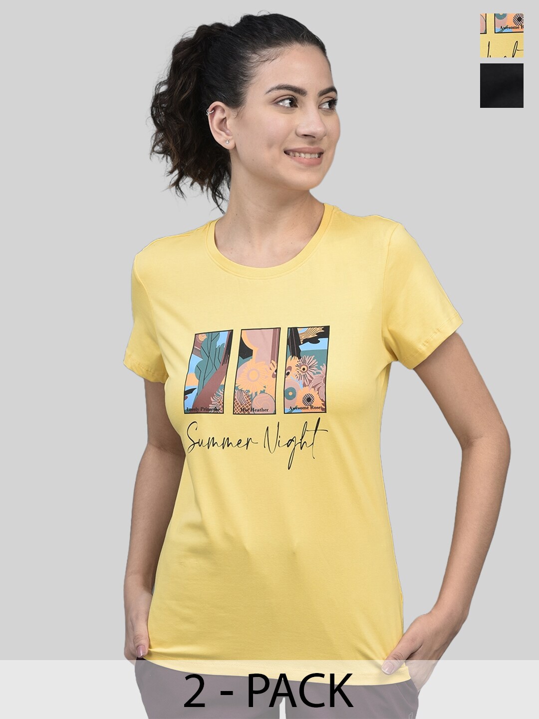 

Dollar Pack of 2 Printed Round Neck Short Sleeves Cotton Regular T-shirt, Yellow