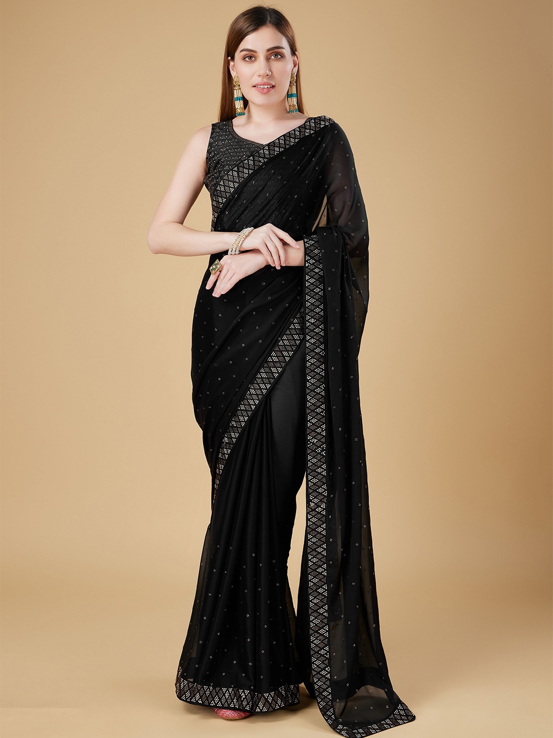 

Trendmalls Embellished Beads and Stones Pure Silk Saree, Black