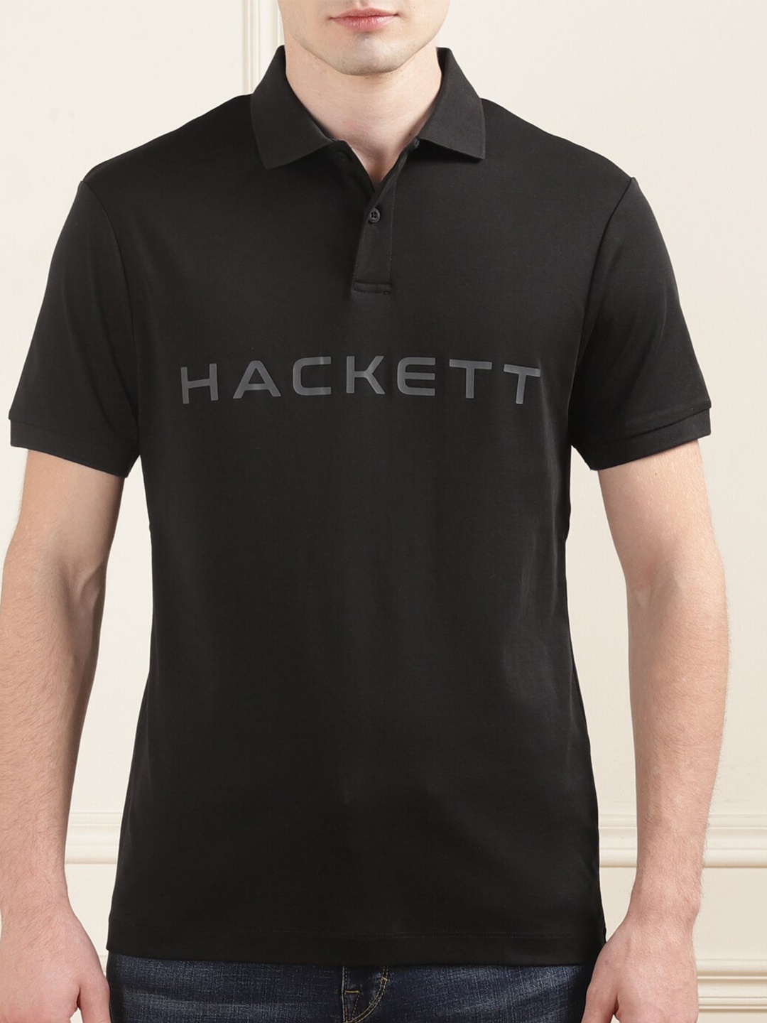 

HACKETT LONDON Typography Printed Polo Collar Cotton T-shirt, Black