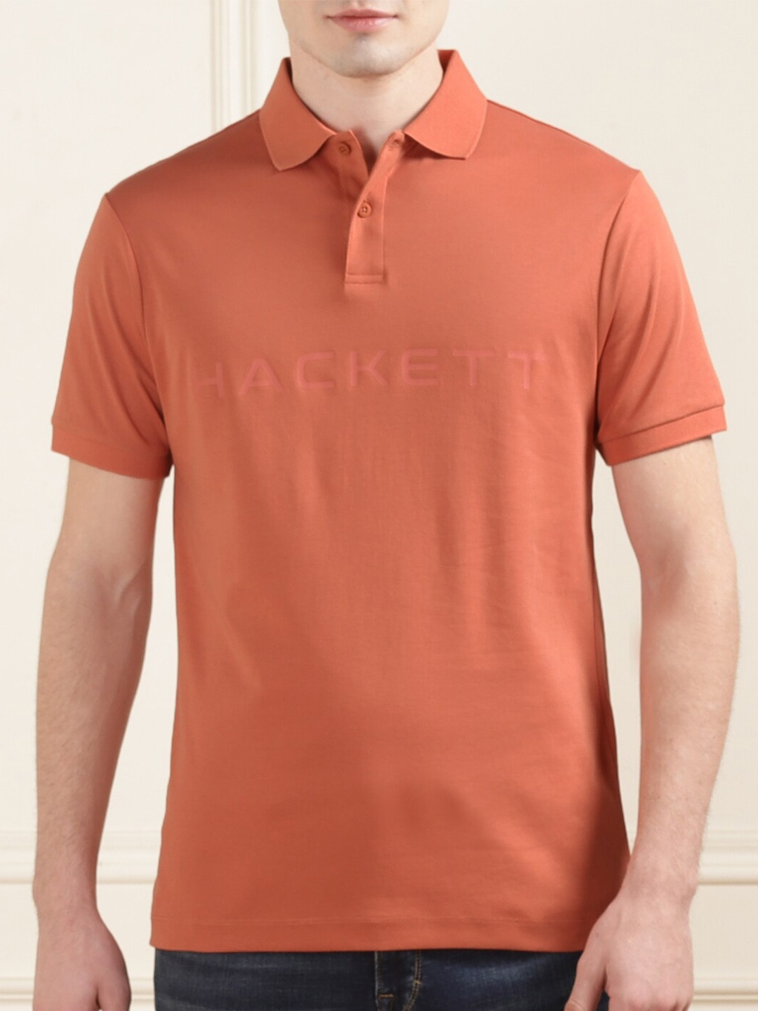 

HACKETT LONDON Typography Printed Polo Collar Cotton T-shirt, Orange
