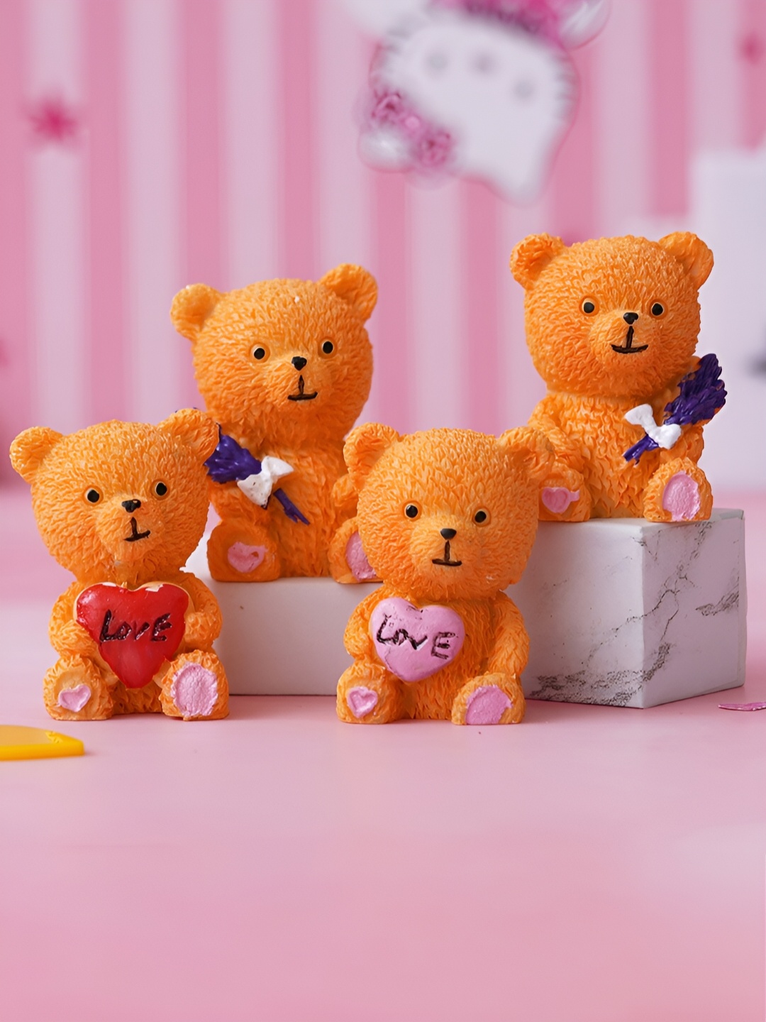 

eCraftIndia Brown 4 Pieces Cute Teddy Bears With Love Heart Flowers Decorative Showpieces