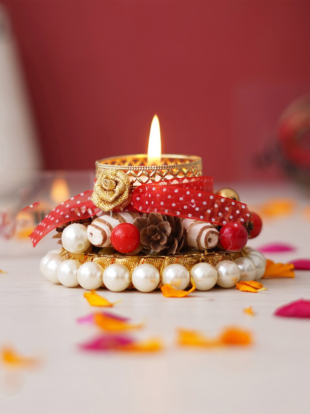 

eCraftIndia Gold Toned & Red Floral & Pearl Beads Metal Candle Holders