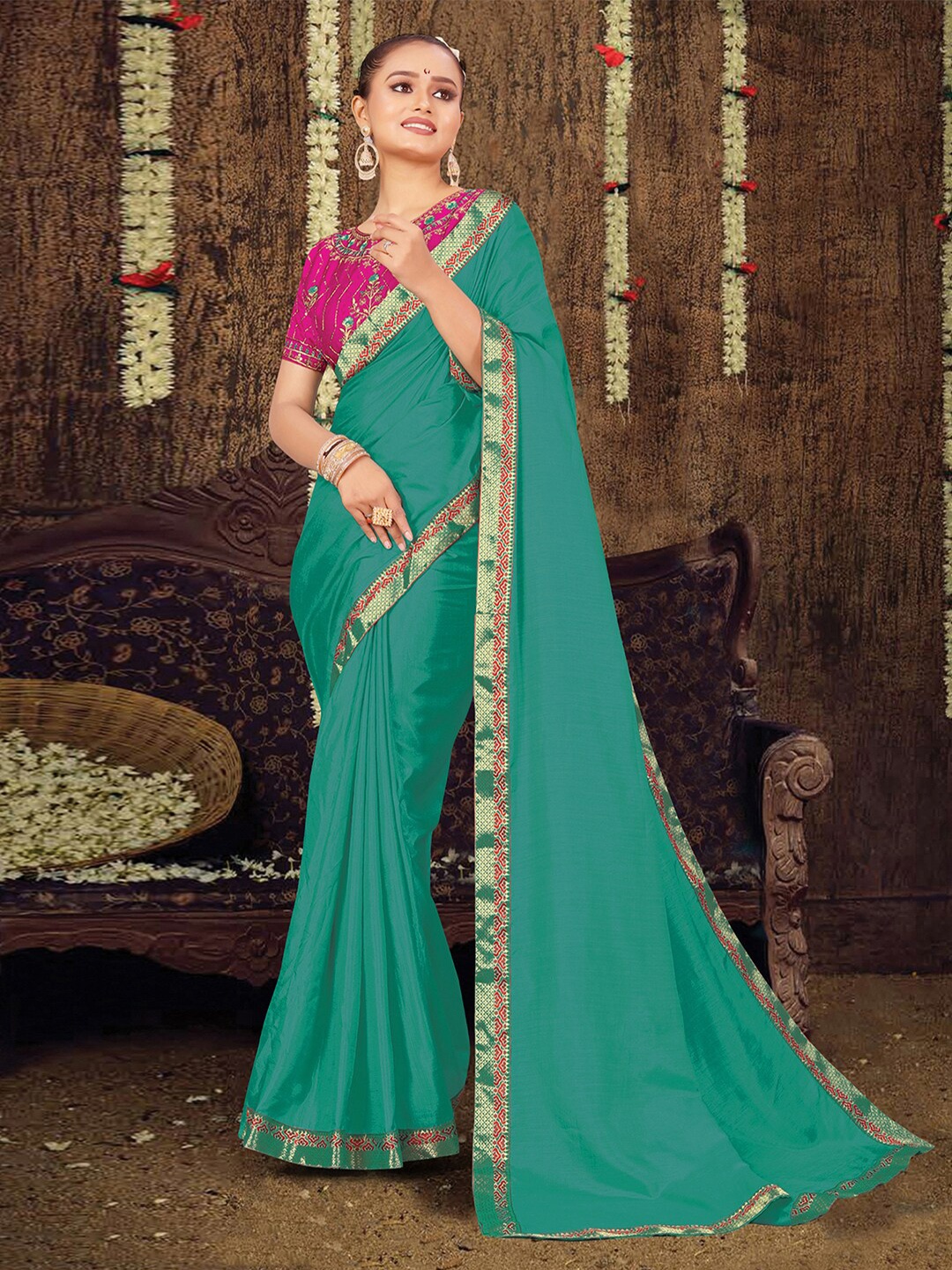 

SIRIL Gotta Patti Zari Saree, Turquoise blue