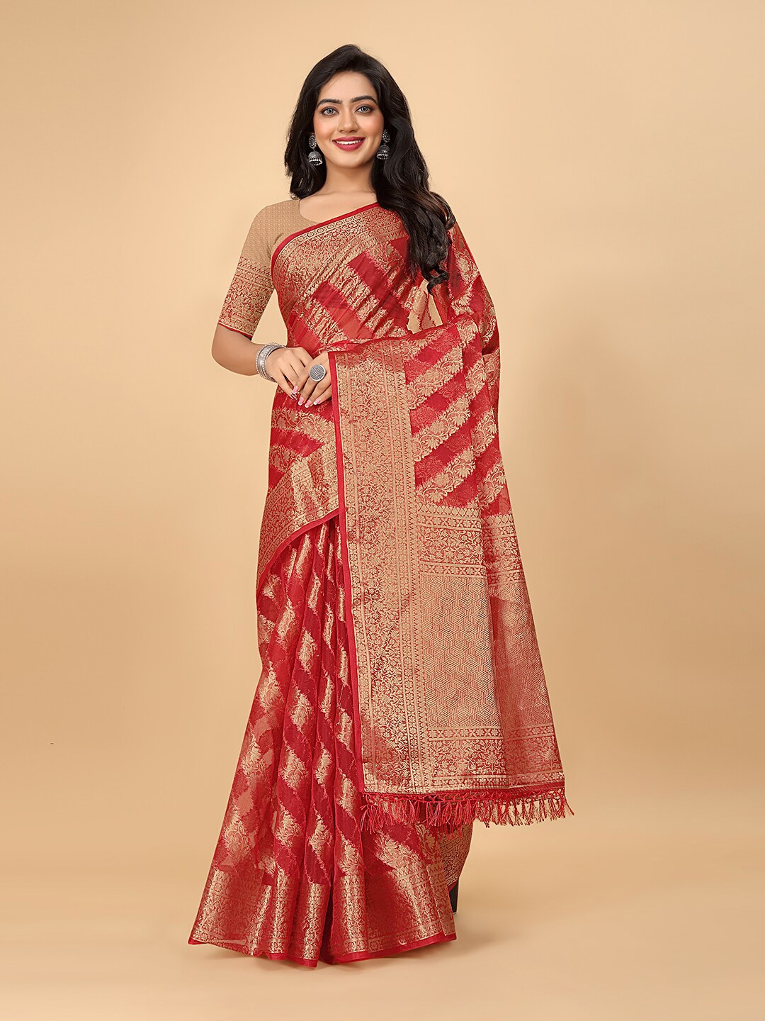 

Pionex Ethnic Motifs Woven Design Zari Organza Banarasi Saree, Red