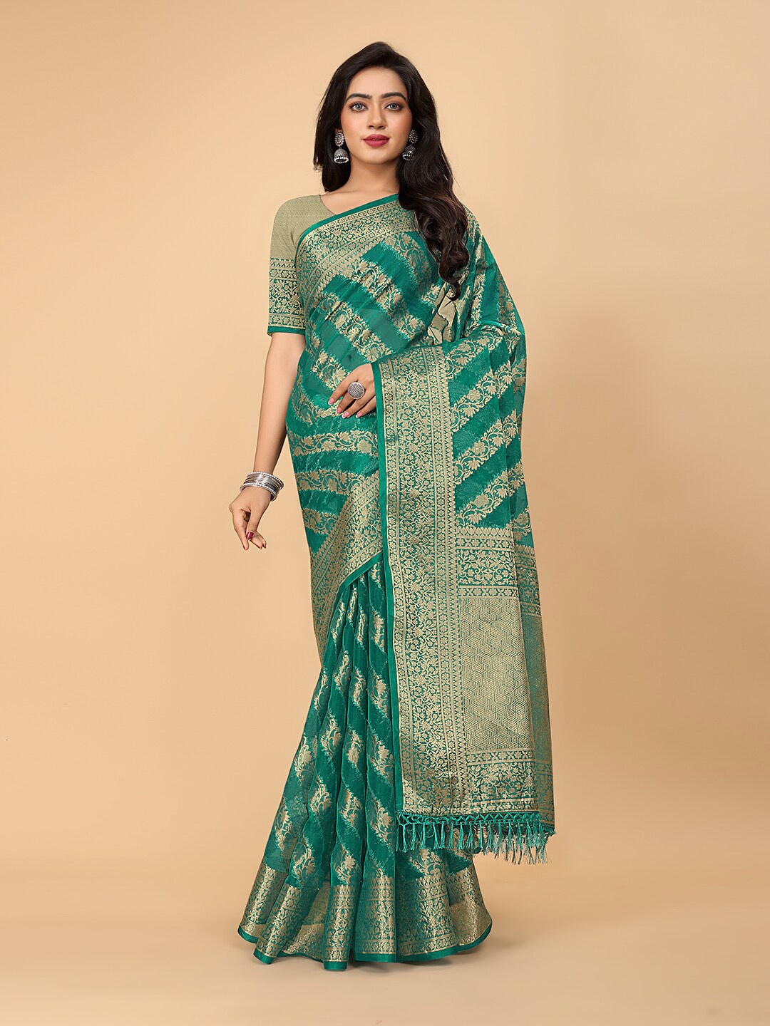 

Pionex Ethnic Motifs Woven Design Zari Organza Banarasi Saree, Teal