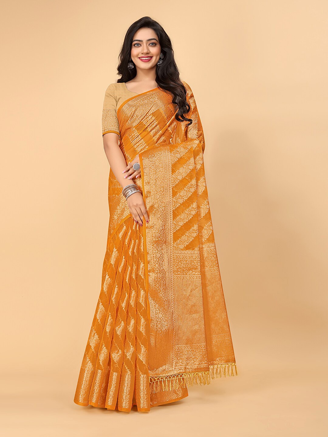 

Pionex Ethnic Motifs Woven Design Zari Organza Banarasi Saree, Gold
