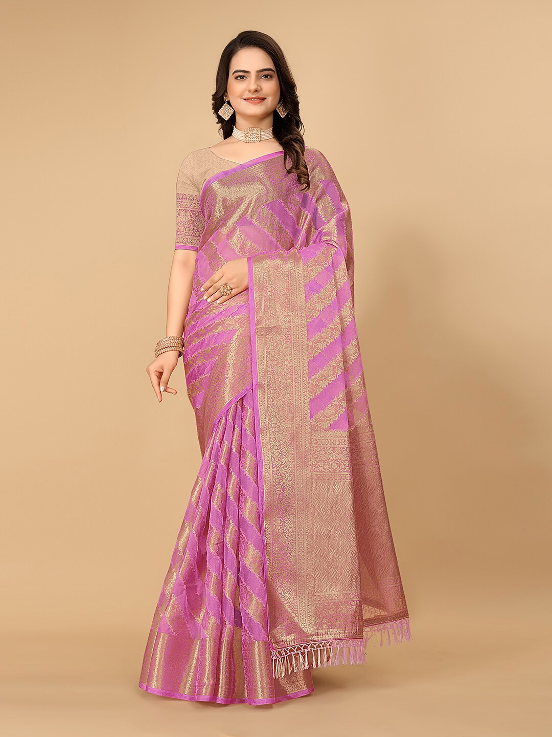 

Pionex Ethnic Motifs Woven Design Zari Organza Banarasi Saree, Pink