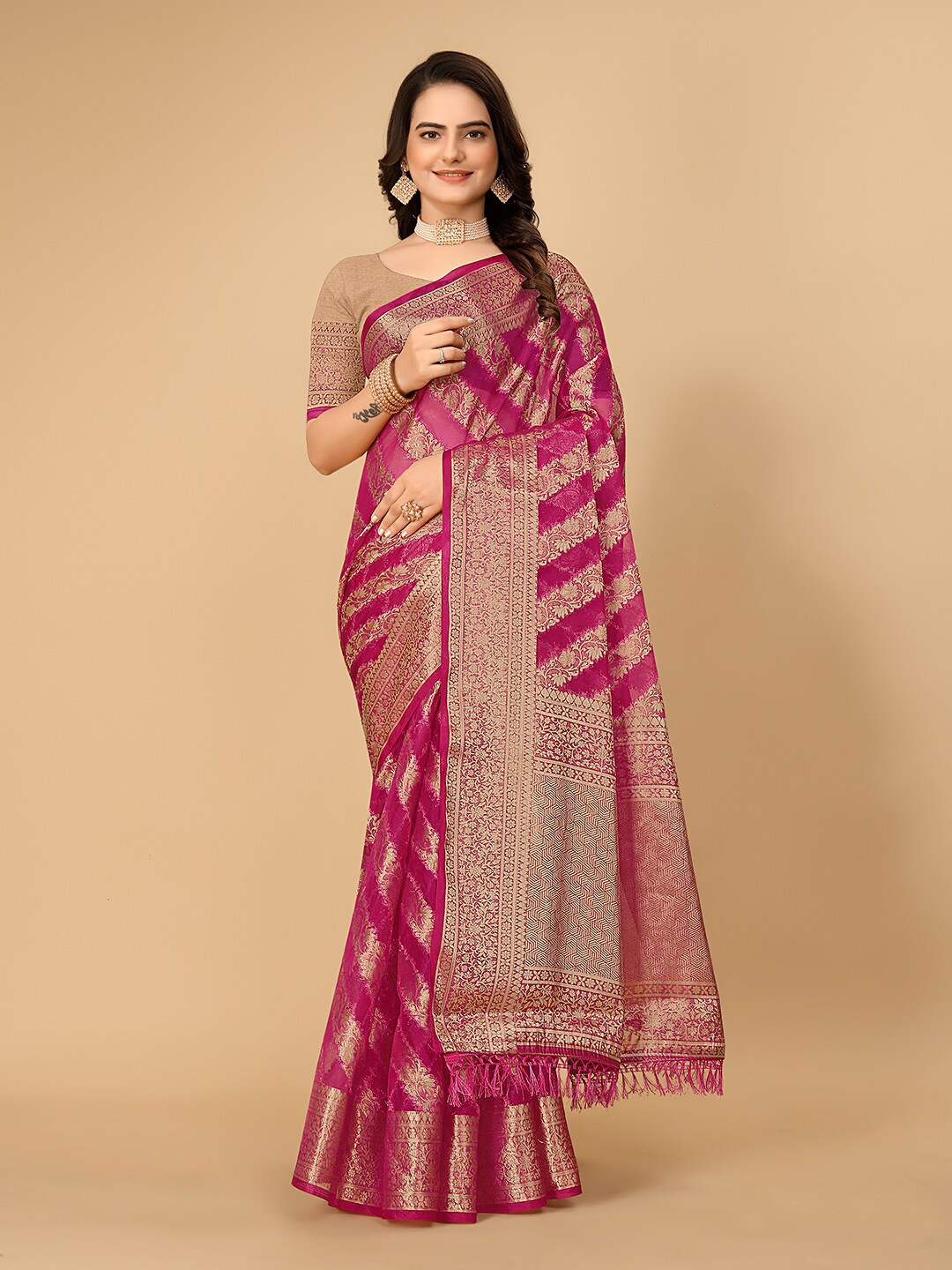 

Pionex Ethnic Motifs Woven Design Zari Organza Banarasi Saree, Pink