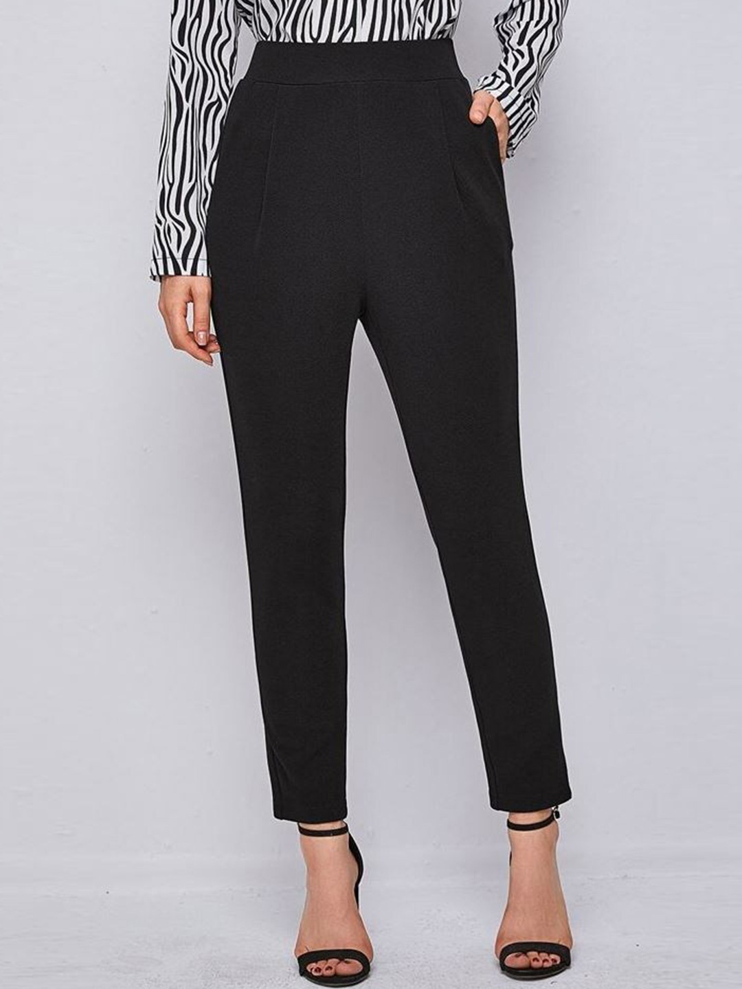 

Visit Wear Pleated Lycra Regular Fit Cropped Trousers, Black