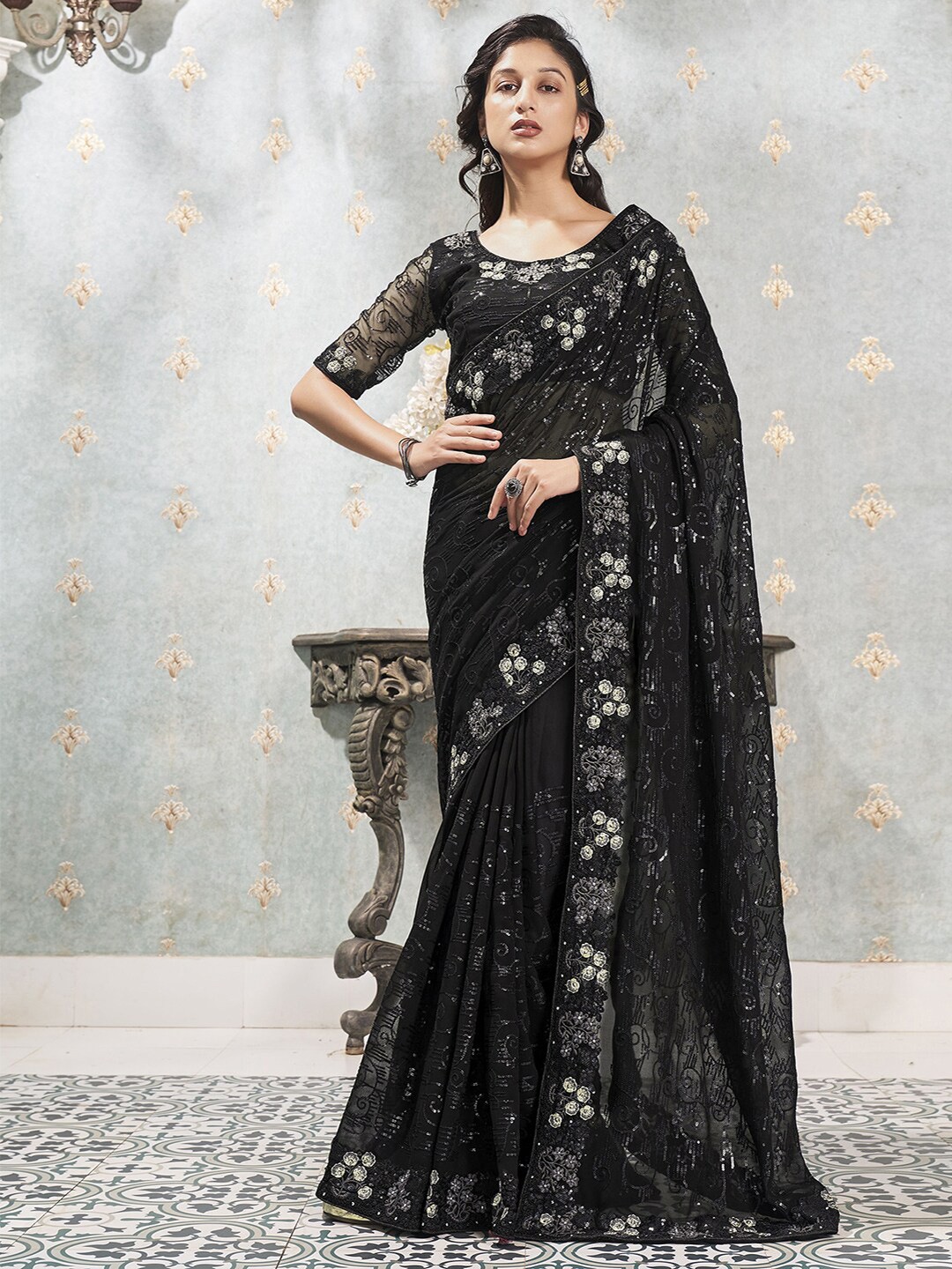 

Satrani Black Sequinned Embellished Saree