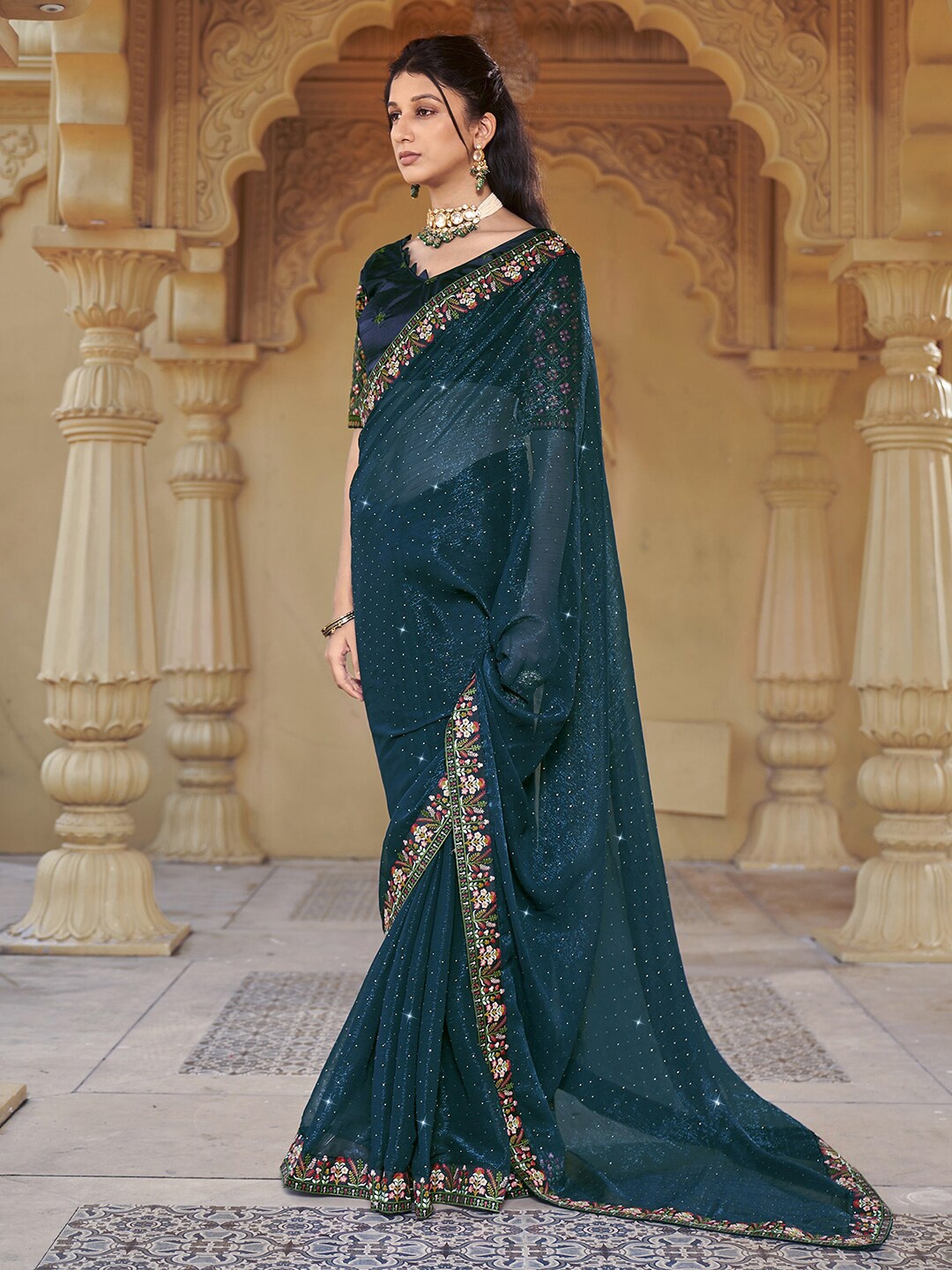 

Satrani Teal & Green Embellished Embroidered Saree