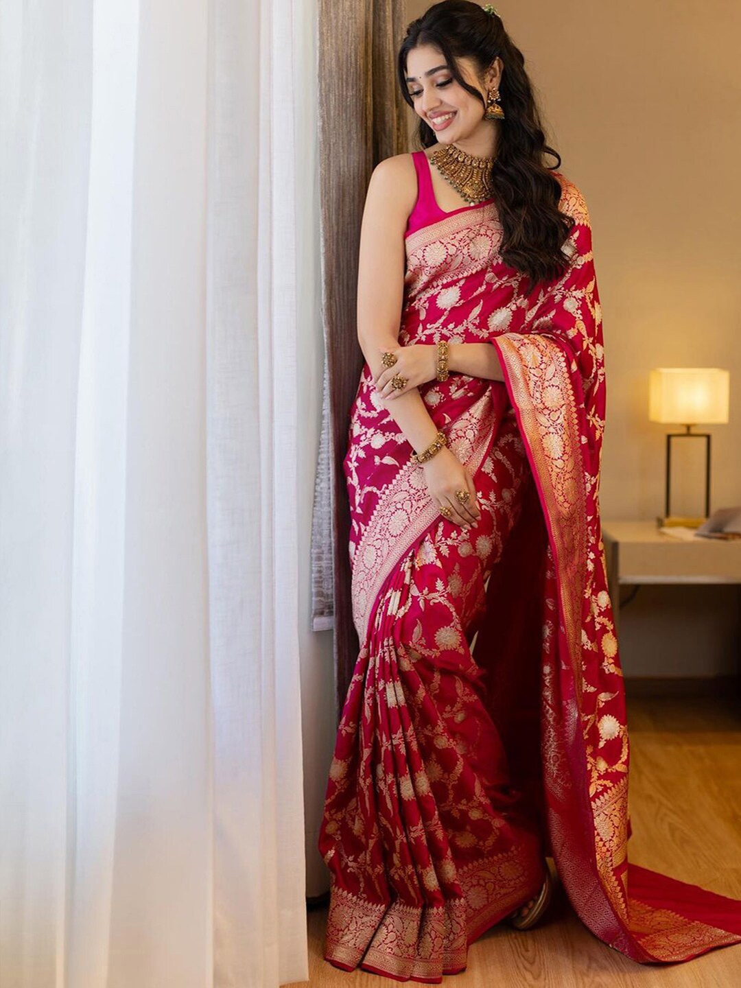 

Satrani Pink & Gold-Toned Floral Woven Design Zari Saree